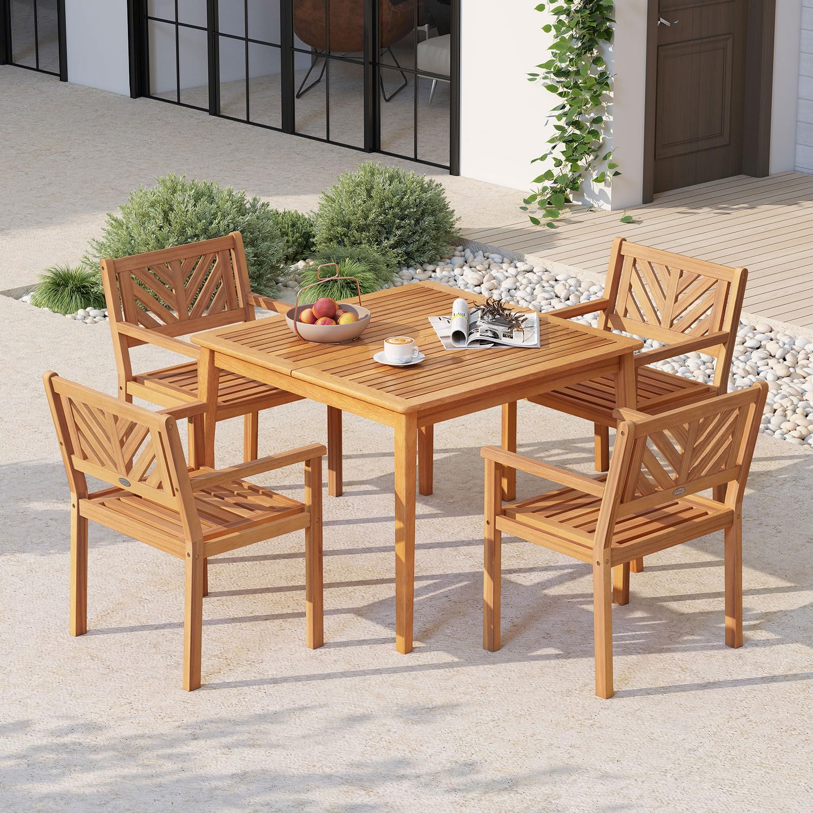 Tangkula Acacia Wood Patio Dining Chairs Set of 4, Outdoor Dining Chairs with 400 lbs Capacity, Teak Finish, Heavy-Duty Wooden Armchairs for Porch, Deck, Backyard & Balcony