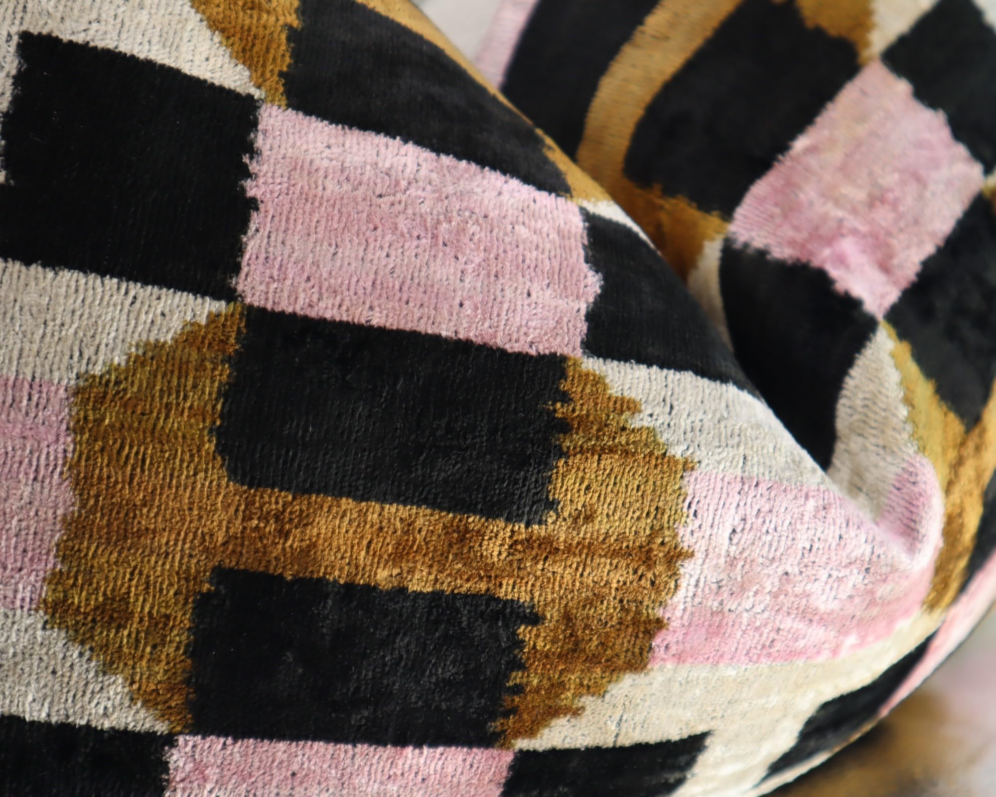 CANVELLO Handmade Pink & Brown Geometric Silk Velvet Throw Pillow – 16x24 Inch, Naturally Dyed, Down Feather Insert, Luxury Decorative Cushion for Sofa & Bed