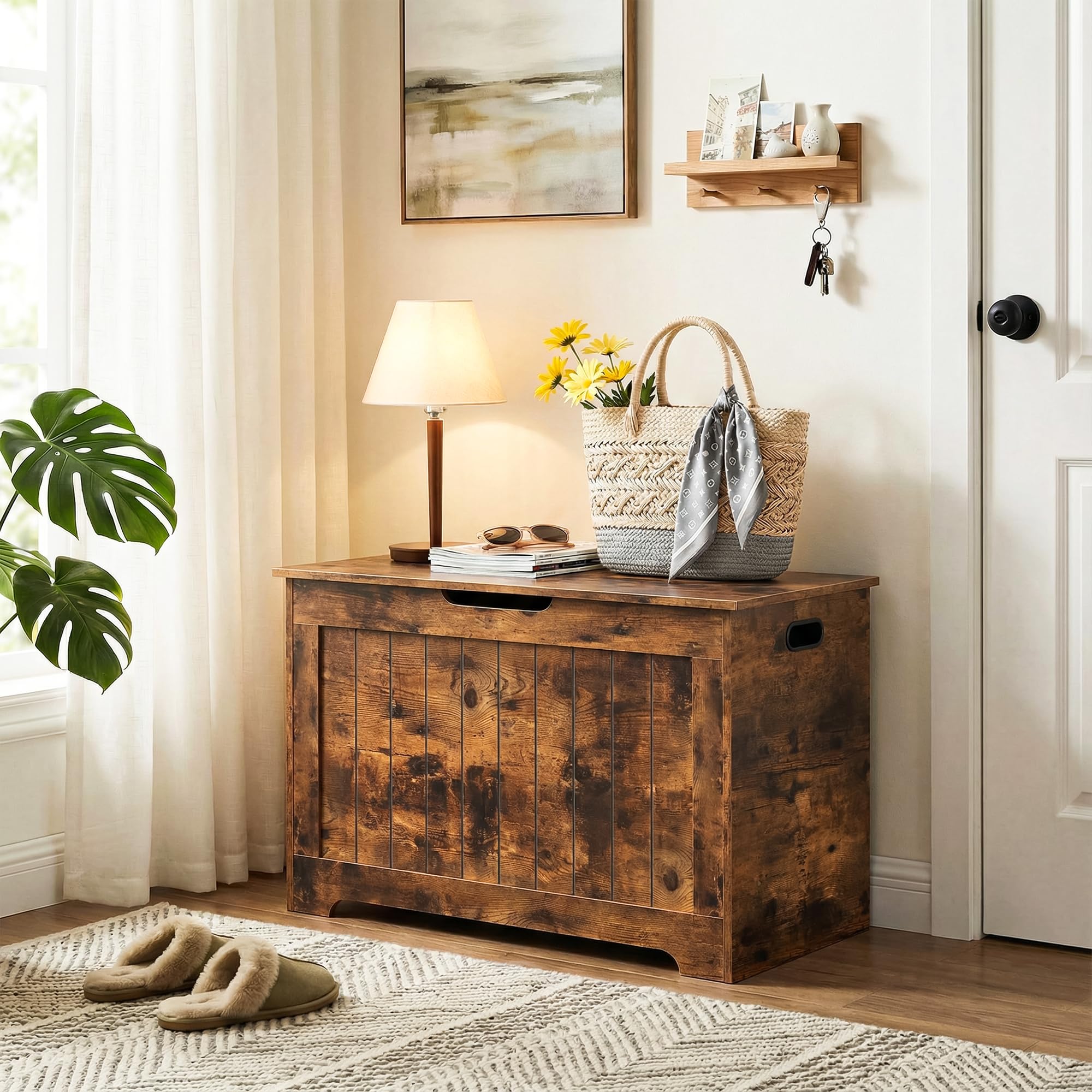 SUPER DEAL Storage Chest, 30 inches Chest Box Organizer with 2 Safety Hinges, Wooden Entryway Storage Bench, Rustic Brown
