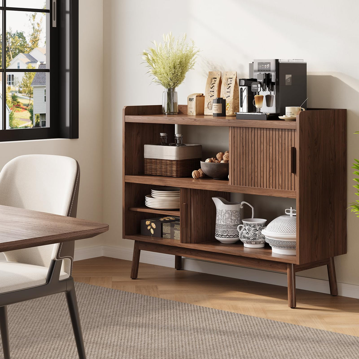 Lefurture 44" Buffet Sideboard Cabinet with Outlet Sliding Door, Walnut