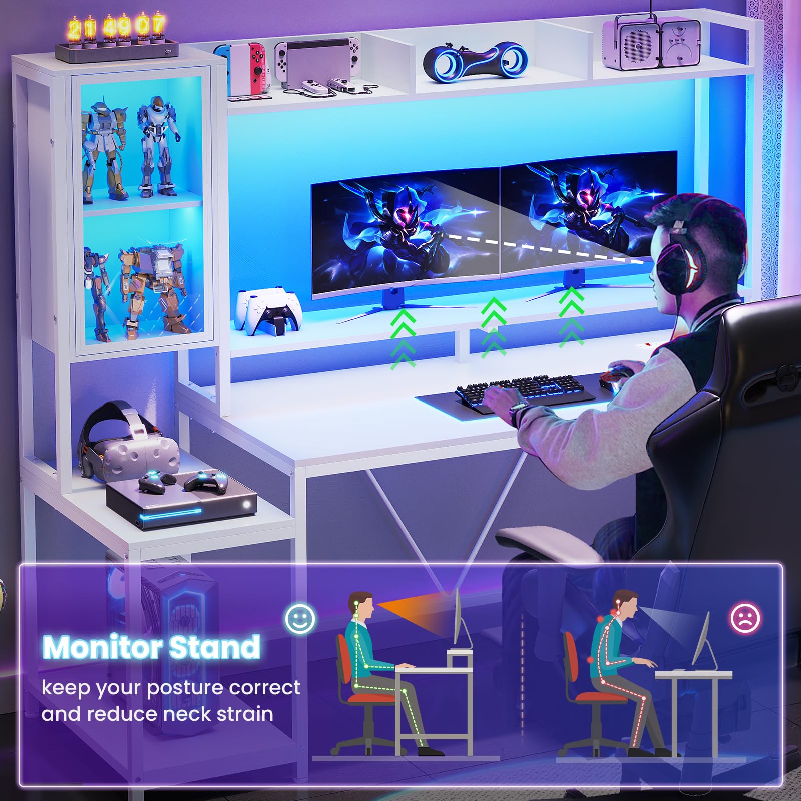 60-Inch Gaming Desk with Hutch & LED Lights