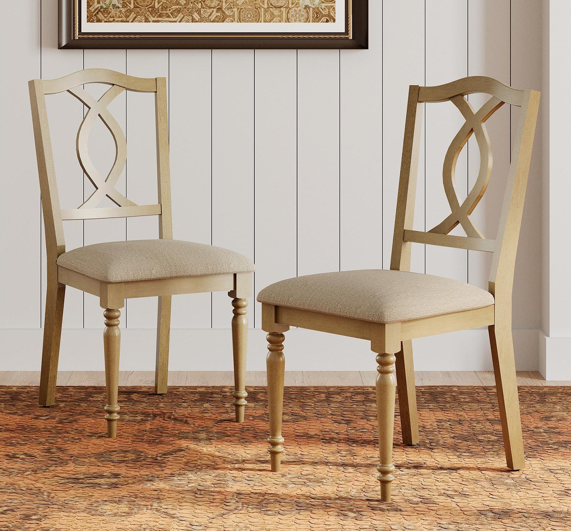 WAMPAT Dining Chairs Set of 2 Upholstered Chairs, Wood Dining Chair with Cross-Back & Rubber Wood Gourd-Shaped Leg, Farmhouse Kitchen Chair for Dining Room, Living Room, Oak