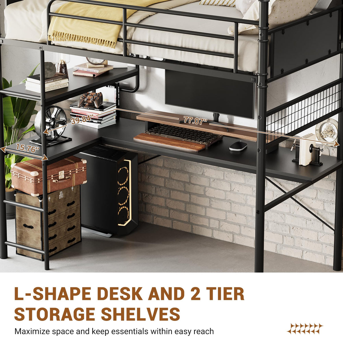 GarveeHome Loft Bunk Bed with L-Shaped Desk, Industrial Twin Loft Bed,Black