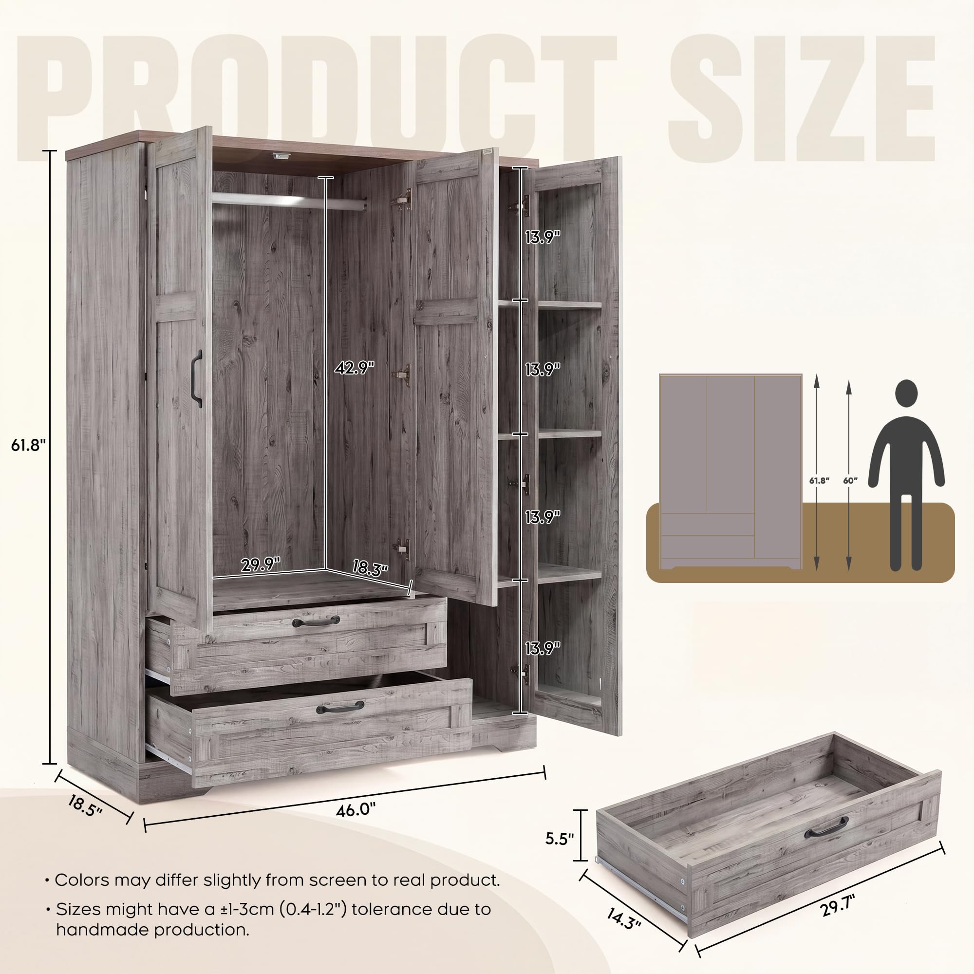 XIAO WEI Armoire Wardrobe Closet with 3 Door, Bedroom Wooden Armoires with Full Length Mirror, Large Clothing Storage Cabinet 2 Drawers, Hanging Rod, Shelves (Gray, 3 Door)