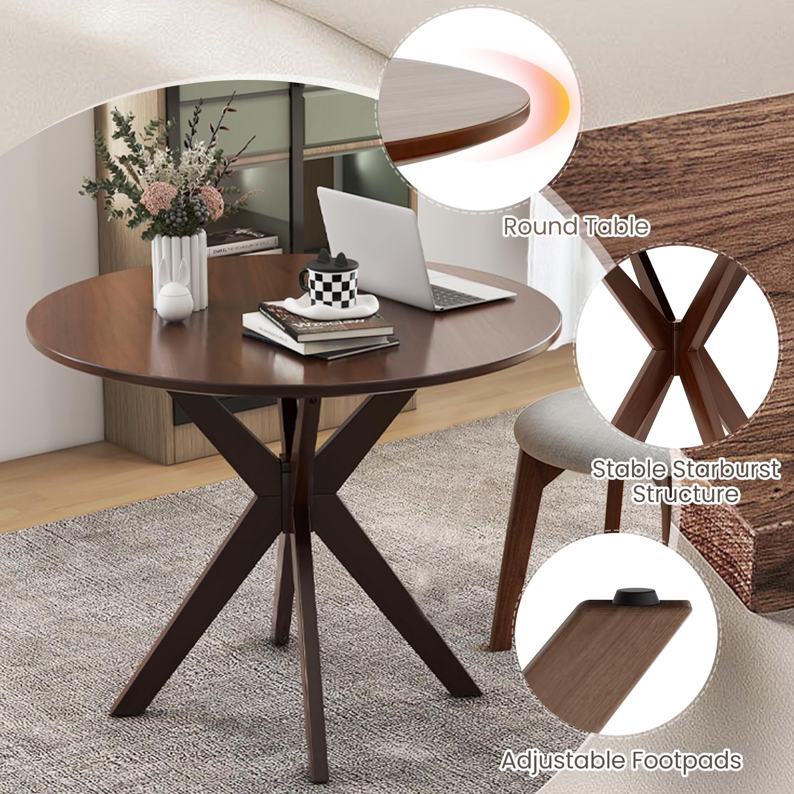 Round Dining Table Set for 2, Mid-Century Modern, 3-Piece Kitchen Bistro Set