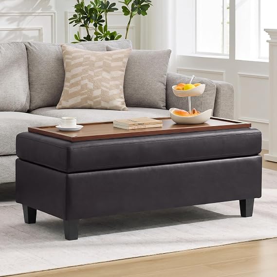Large Storage Ottoman Bench with Flip-Top Wooden Tray