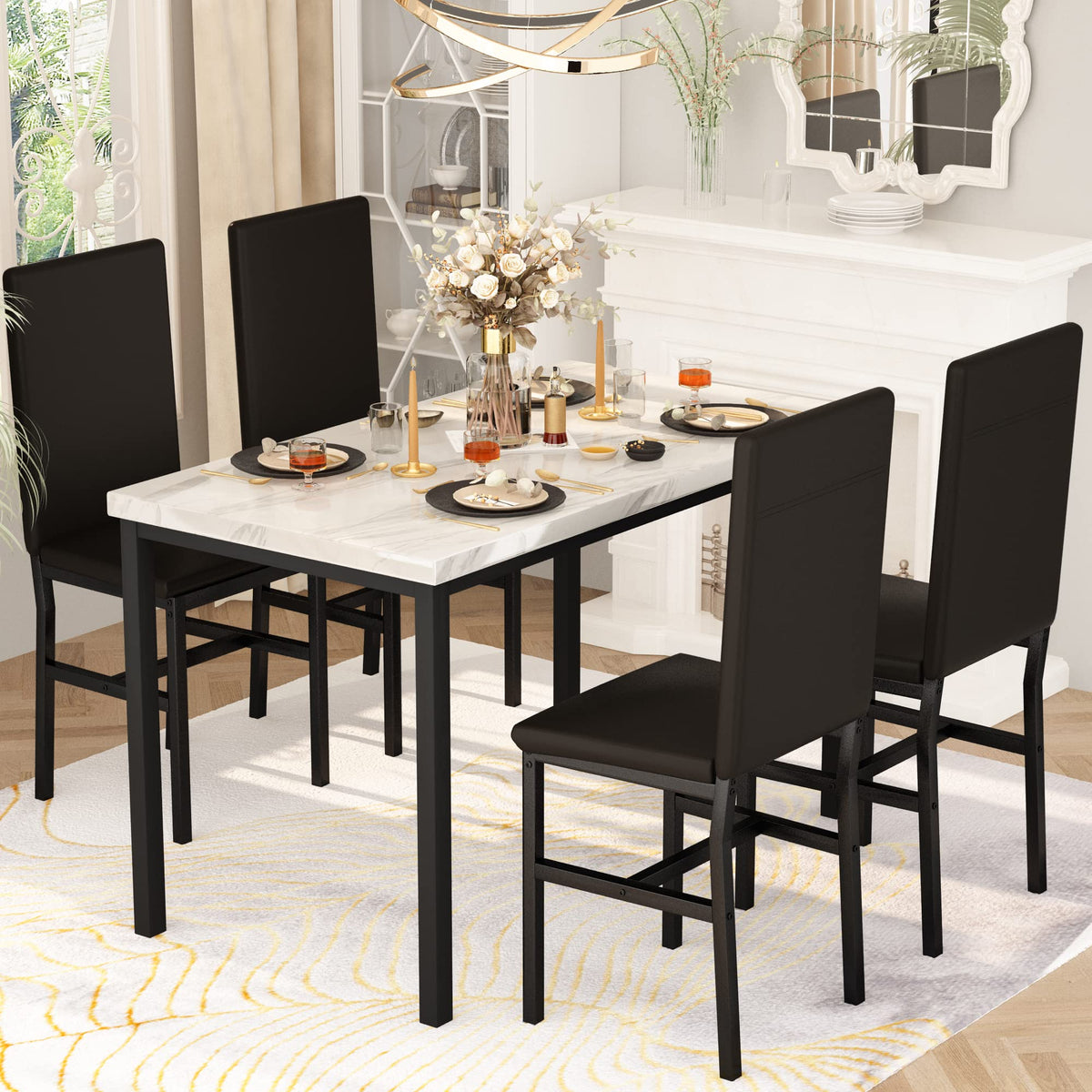 Hooseng 5-Piece Dining Table Set for 4 with Faux Marble Top & Velvet Chairs, Space Saving Modern Kitchen Table Set for Small Spaces, Apartments