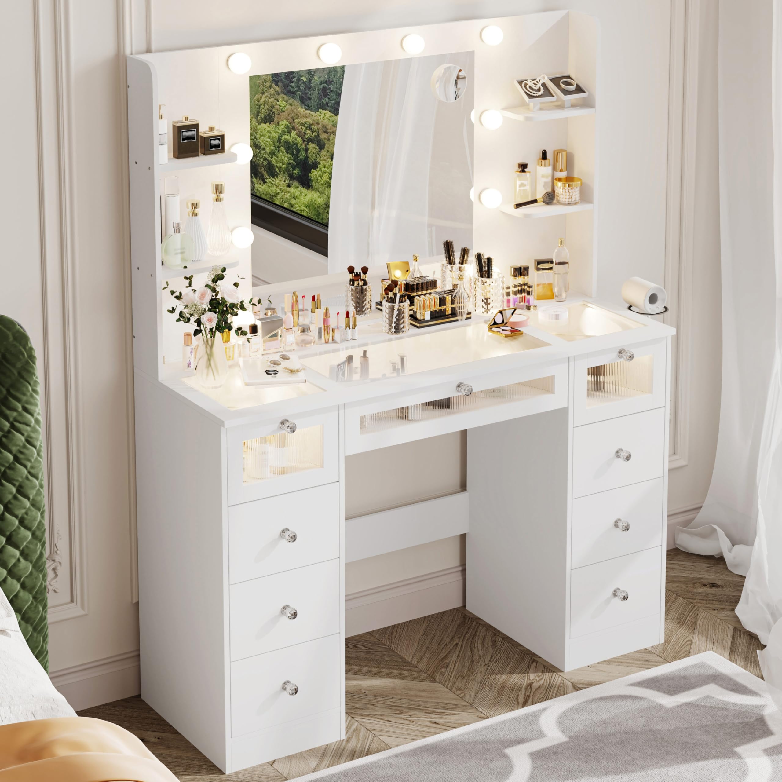 VQRhome White Vanity with Lighted 23.5” Mirror, Glass Top Vanity Desk with 9 Drawers & 3 Color Hollywood Bulbs & 4 Shelves & Acrylic & Power Outlet, Makeup Desk Dressing Table for Bedroom