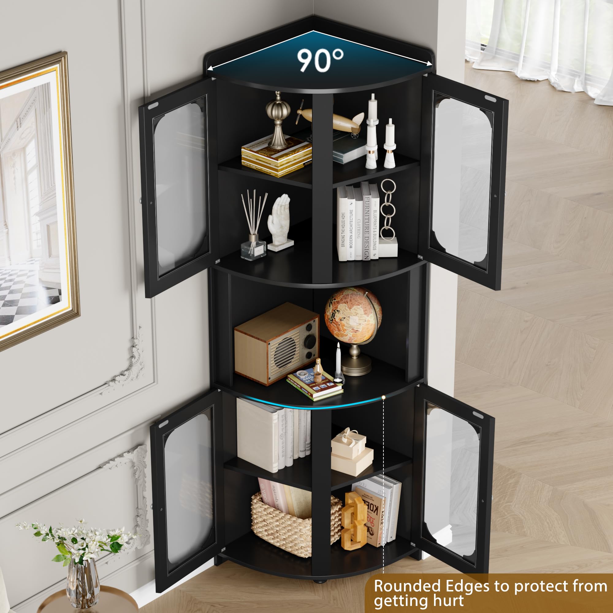 Corner Storage Cabinet 69" Tall | 5-Tier Shelves & Glass Doors