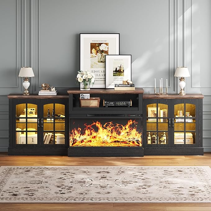 Farmhouse Fireplace TV Stand with 3-Sided Electric Fireplace