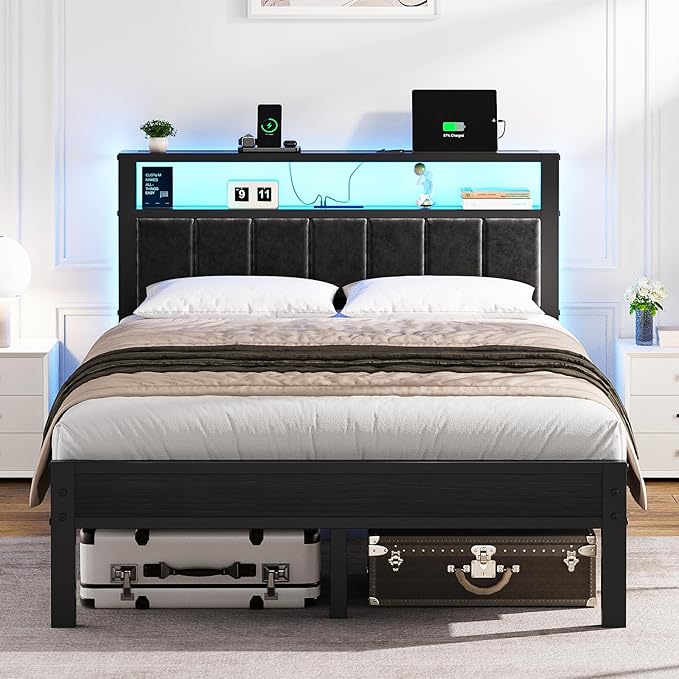 Platform Bed Frame with LED Lights & Charging Station