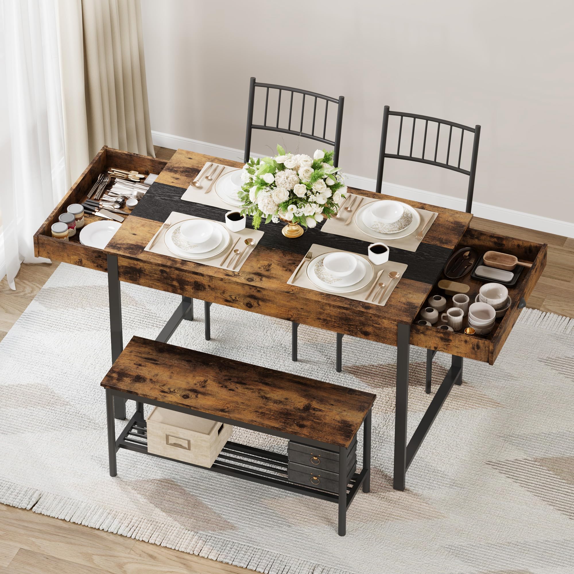 Space-Saving Dining Table Set for 4 with Bench