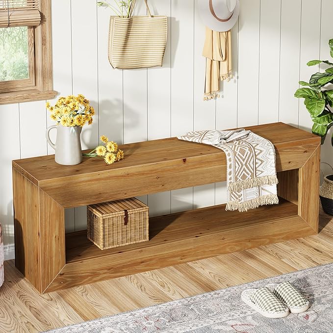 Solid Wood Entryway Bench with Storage Shelf, 47"