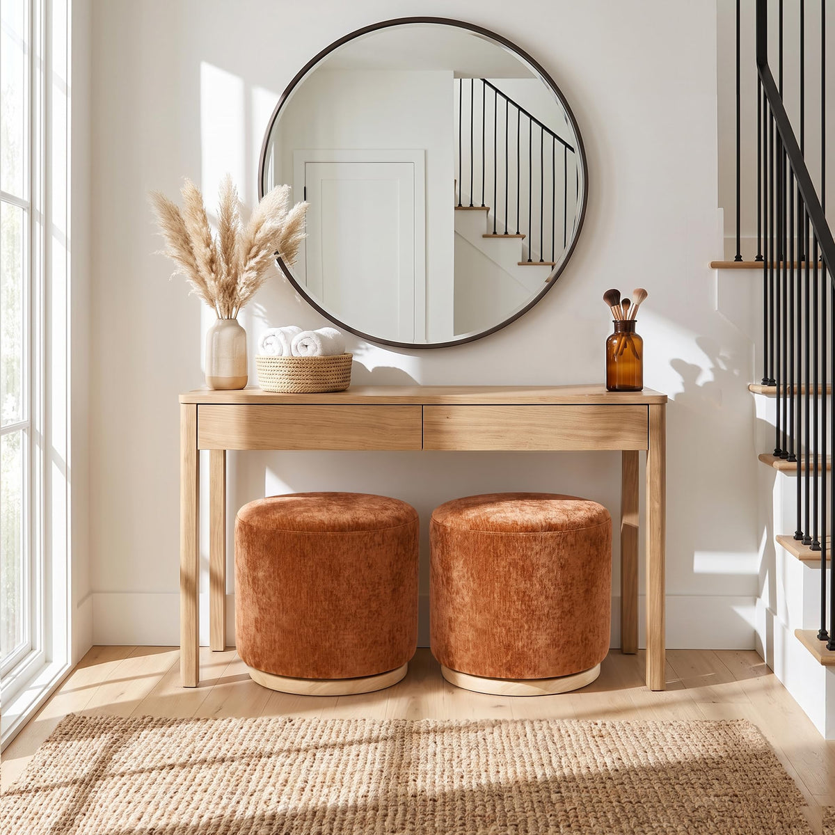 Zibeths Swivel Round Ottoman Set of 2, Burnt Orange Chenille Footstool