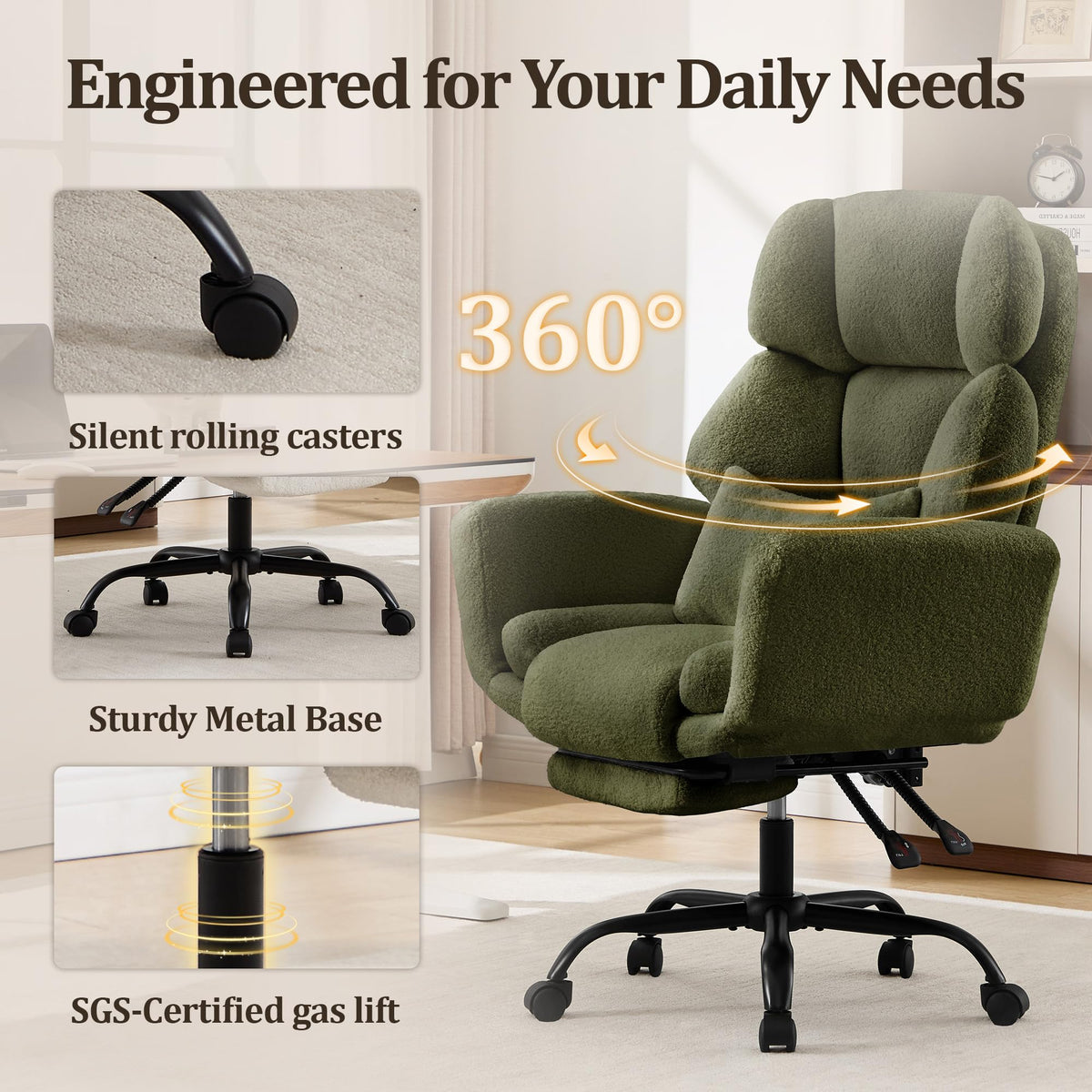 YUUIJOAA Big and Tall Office Chair with Flip Armrests and Footrest, Teddy Wide Seat Criss Cross Legged Home Desk Office Chair with Pet Seat,Reclining Computer Gaming Chair with Lumbar Pillow, Green