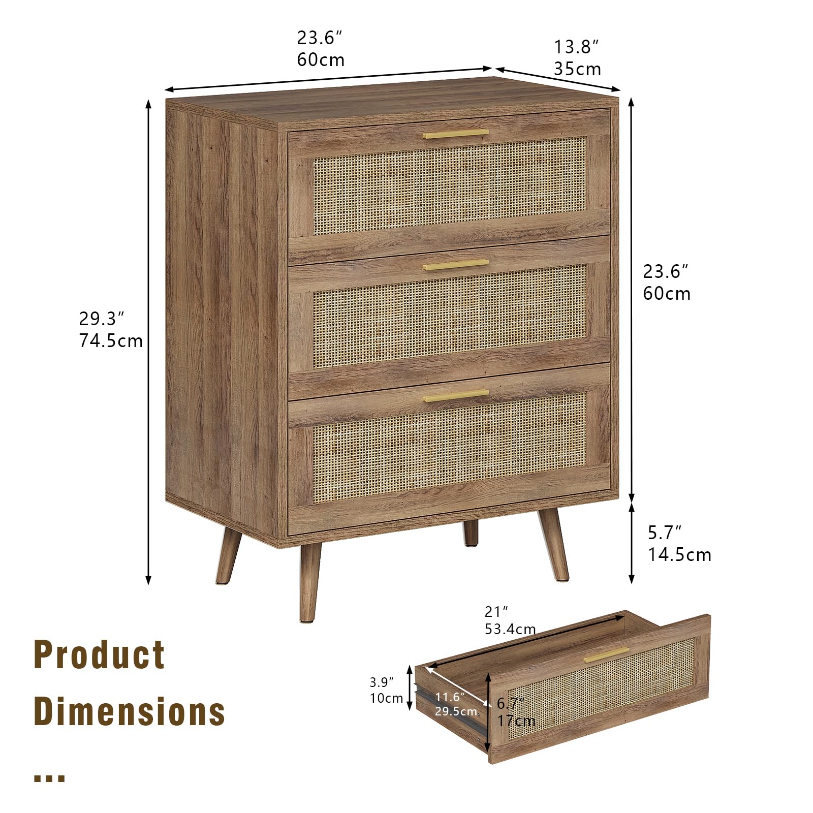 Trironsun 3 Drawer Dresser for Bedroom Rattan Dresser Chest of Drawers with Spacious Storage Boho Clothes Storage Nightstand for Living Room