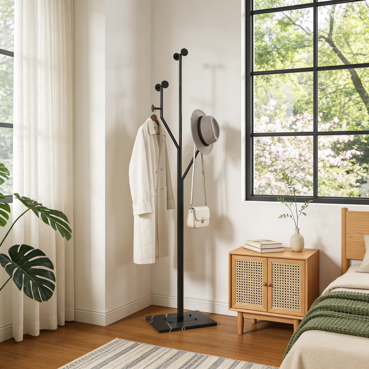 JIAYUEJU Freestanding Coat Rack Marble Base Coat Tree Heavy Duty(Black)