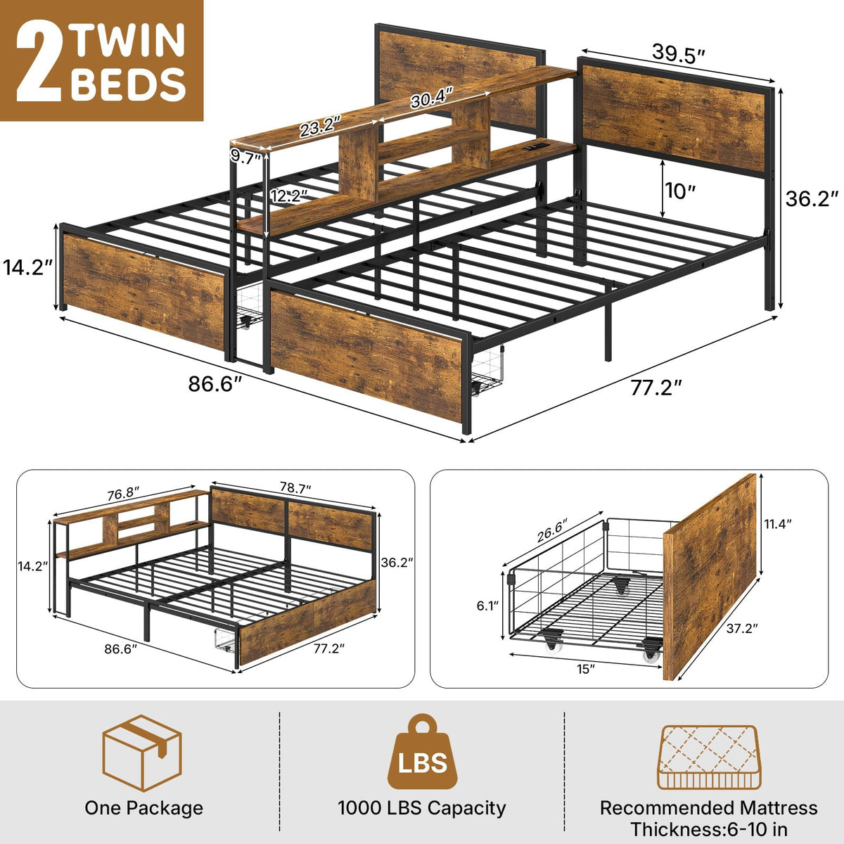 Zevemomo Twin Bed Frames w/Storage Drawers, Headboard for 2 Teens