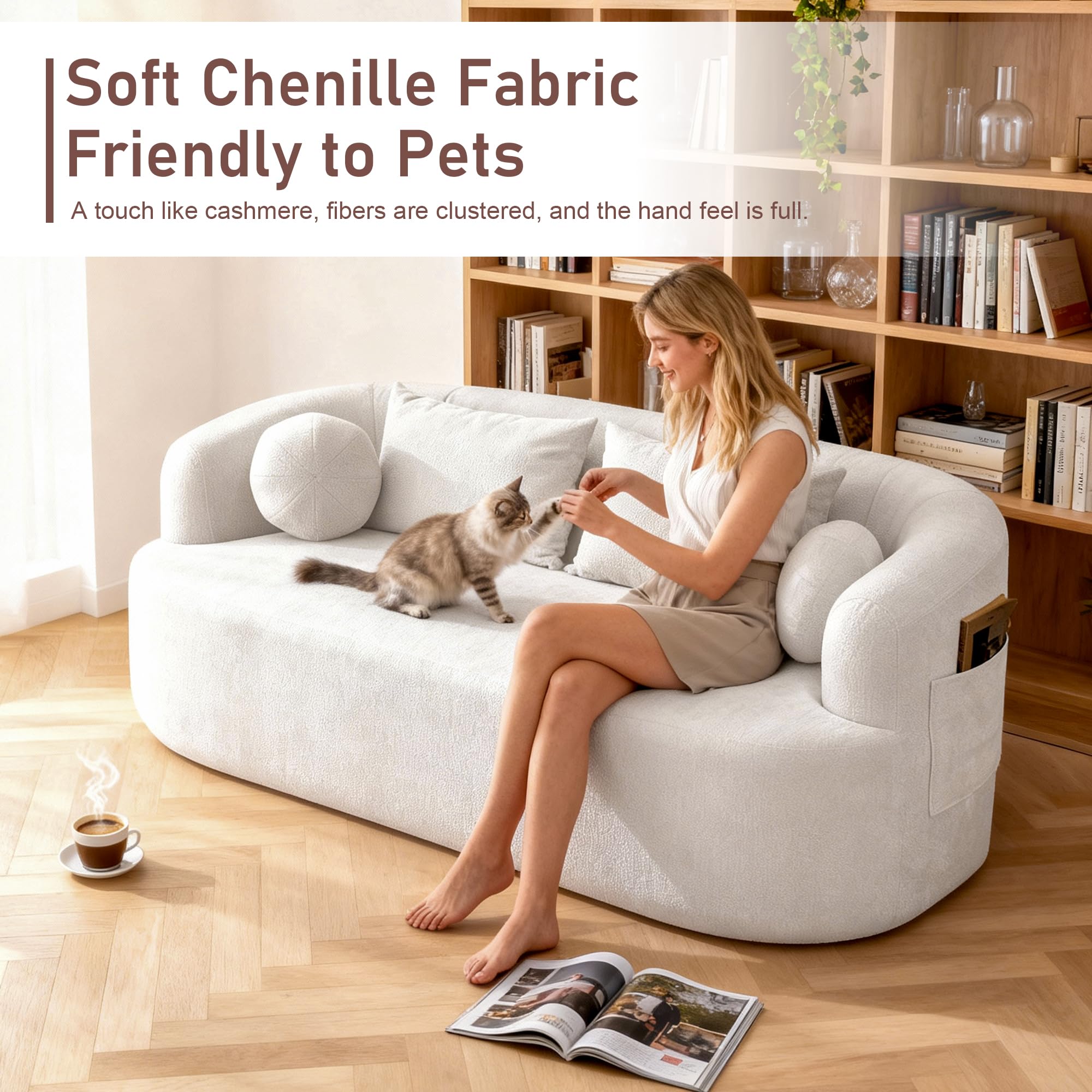 FASADI Loveseat Sofa for Small Space, 67.3" Boneless Love Seat Sofa with Side Pocket & 4 Pillows, Foam and Spring Filling, Soft Chenille for Living Room, Apartment, Bedroom, No Assembly