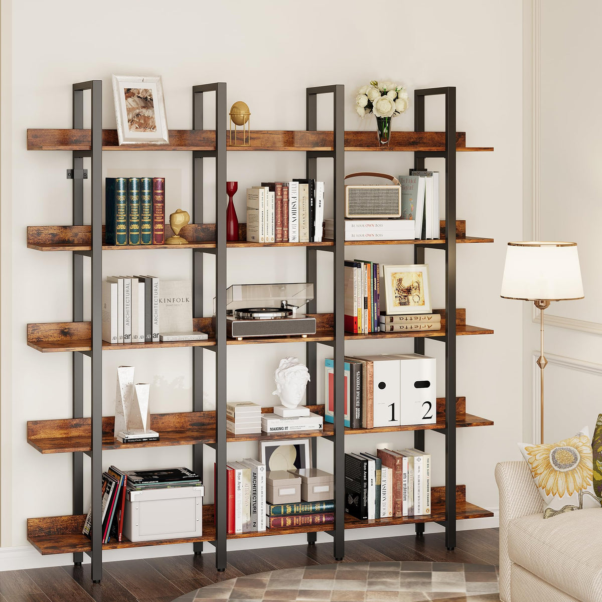 Triple-Wide 5-Tier Industrial Bookshelf