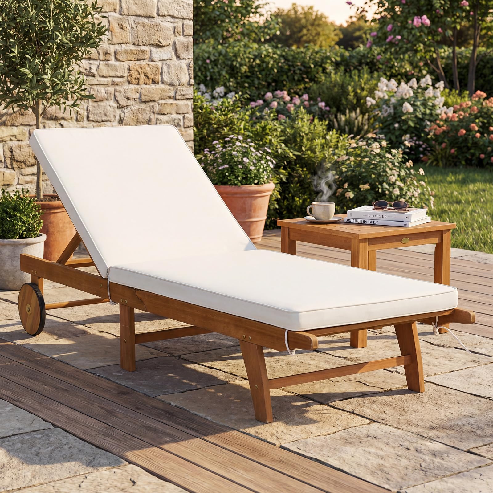 Tangkula Folding Lounge Chair Outdoor, Patio Eucalyptus Wood Chaise Lounge with 5-Level Adjustable Backrest & Cushions, Portable Beach Pool Sunbathing Recliner with Wheels for Outside (1,Off White)