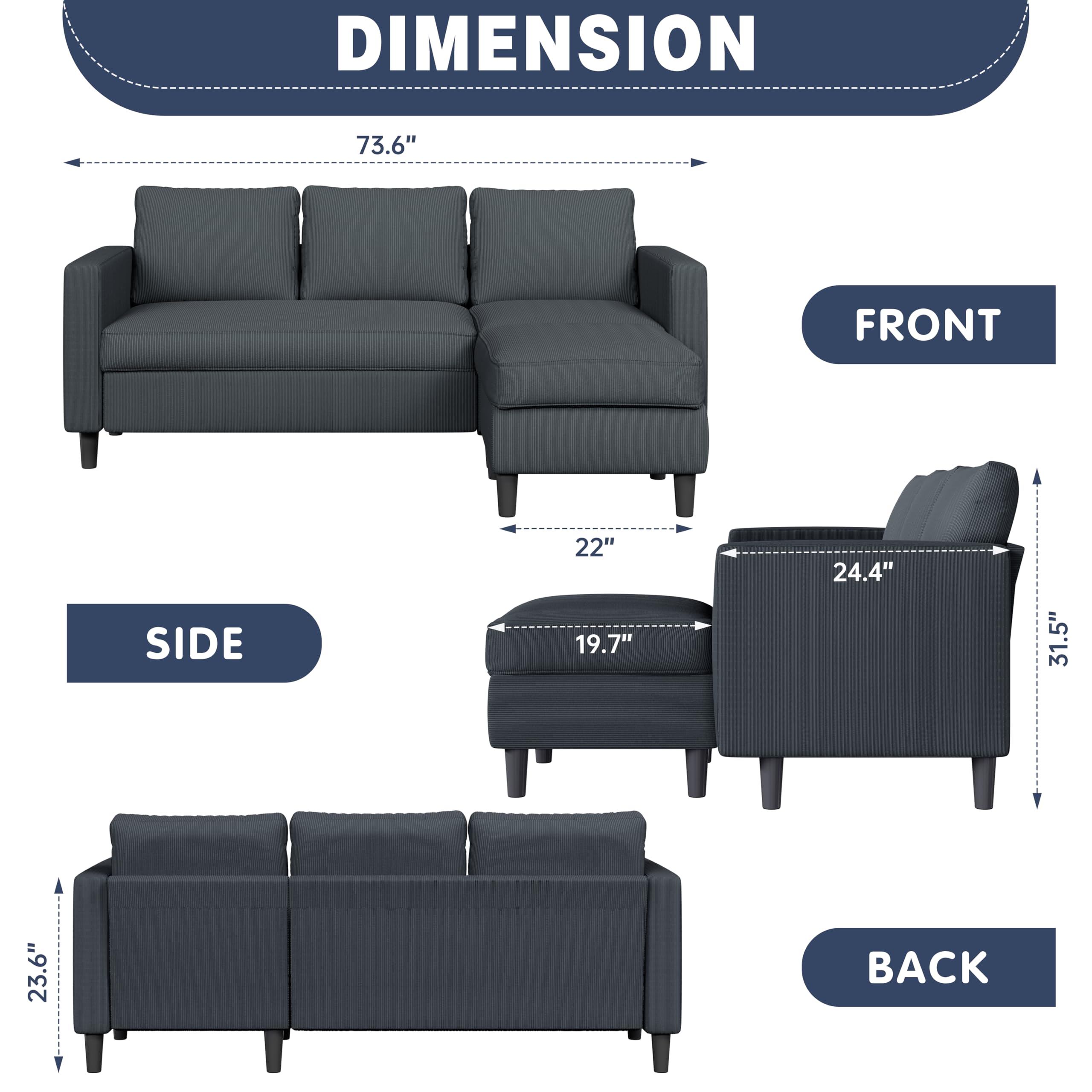 L-Shaped Convertible Sectional Sofa with Ottoman
