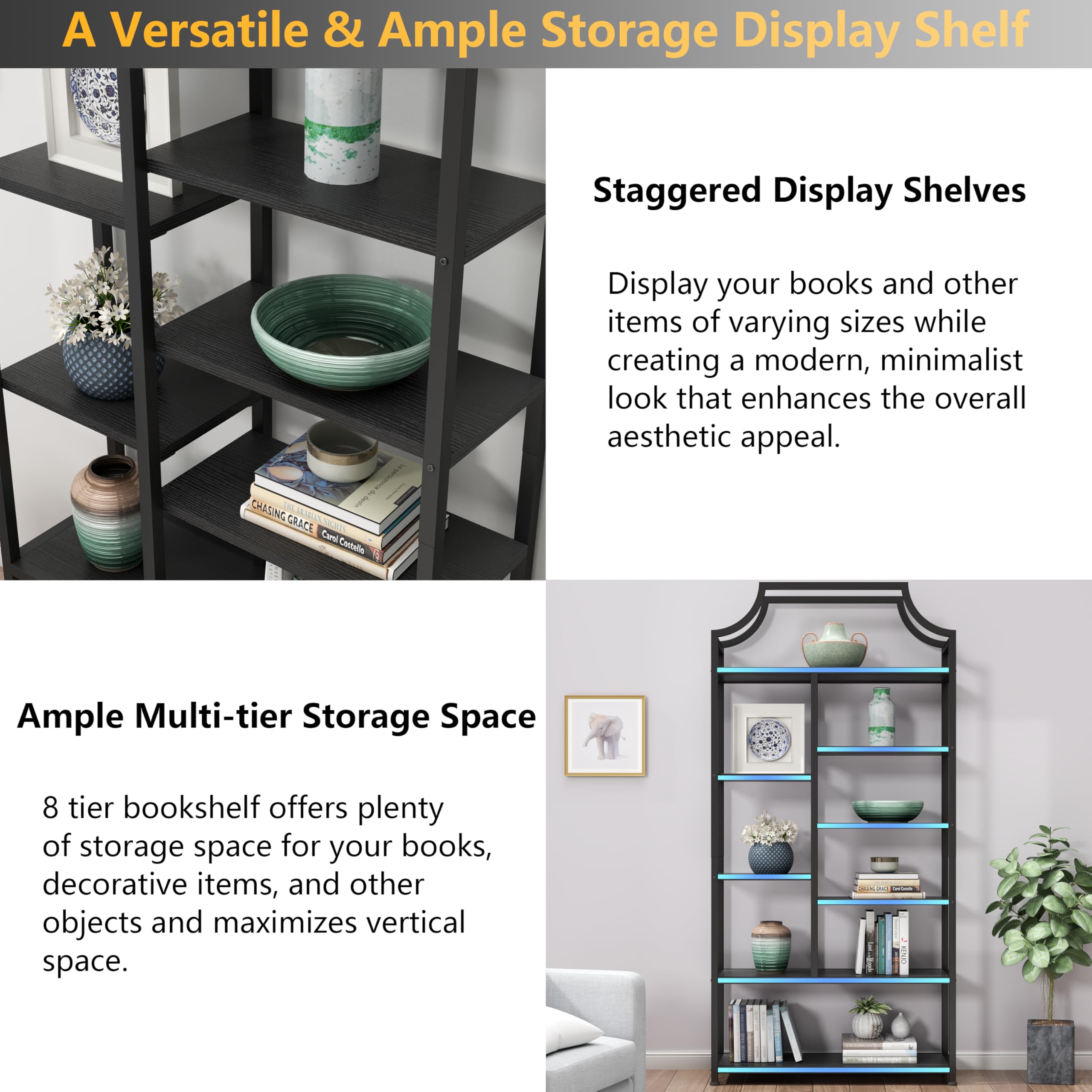 8-Shelf Etagere Bookcase with Metal Frame