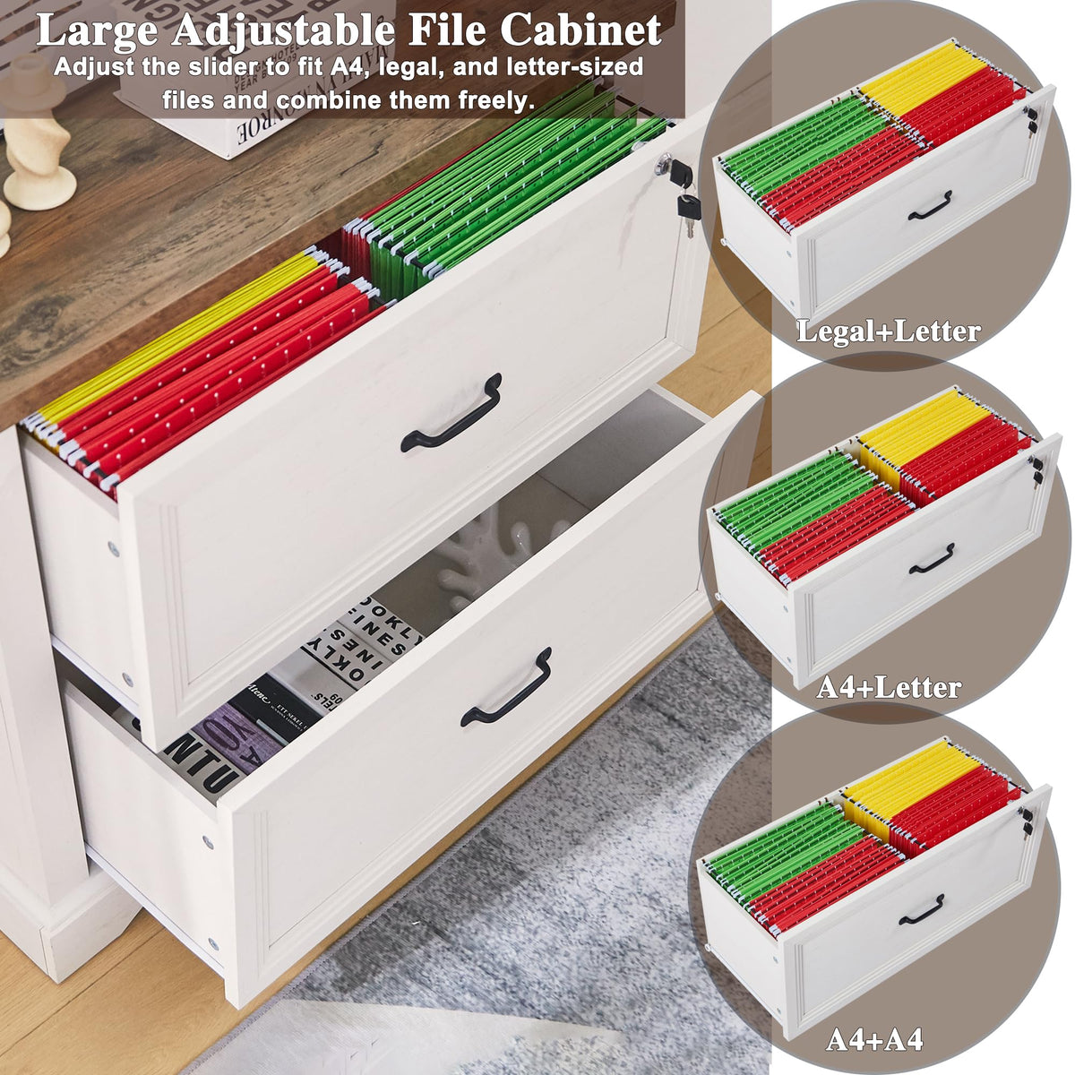 LayBurst 34.6" Farmhouse File Cabinet,Wood File Cabinet with Hanging File Folders,Top Drawer Lockable,Lateral Filing Cabinet for Home Office Compatible with Letter/Legal/A4 Size (2)