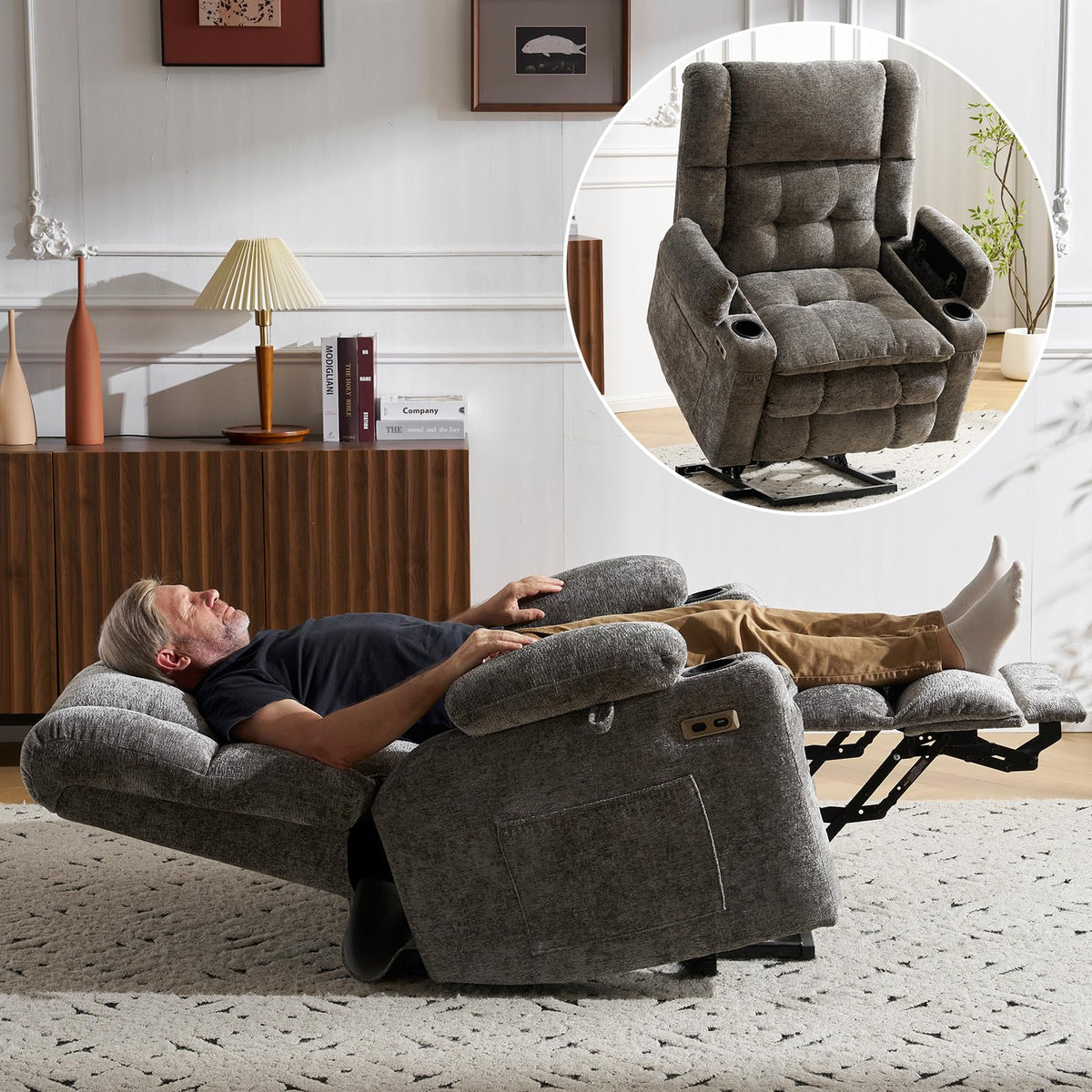 Dual Motor Power Lift Recliner for Elderly with Massage and Heat, Gray