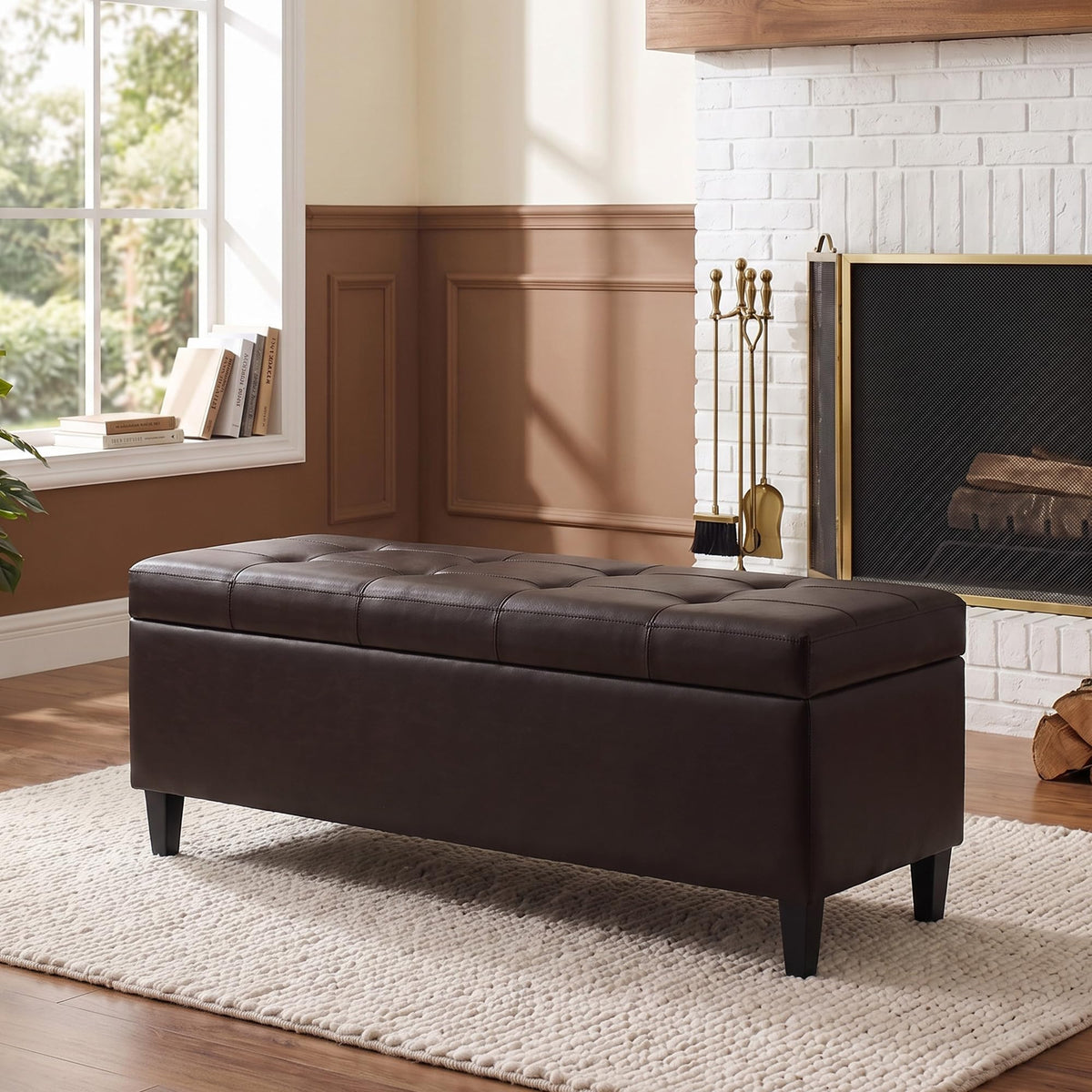 51" Storage Bench, Leather Tufted Storage Ottoman Bench with Wooden Legs