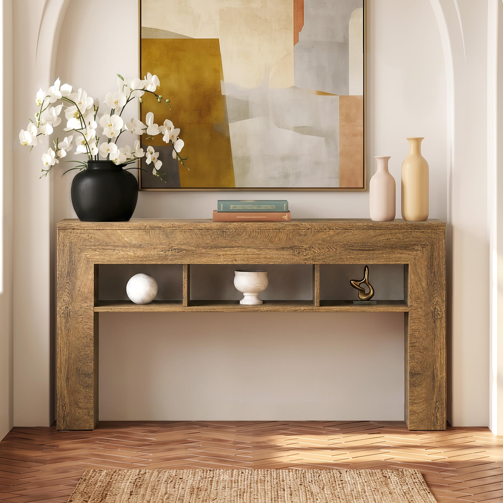 EnHomee 63 Inch Long Console Table for Entryway Sofa Table with Extra Storage Shelves Farmhouse Wood Behind Couch for Hallway, Entrance, Living Room, Foyer, Light Brown