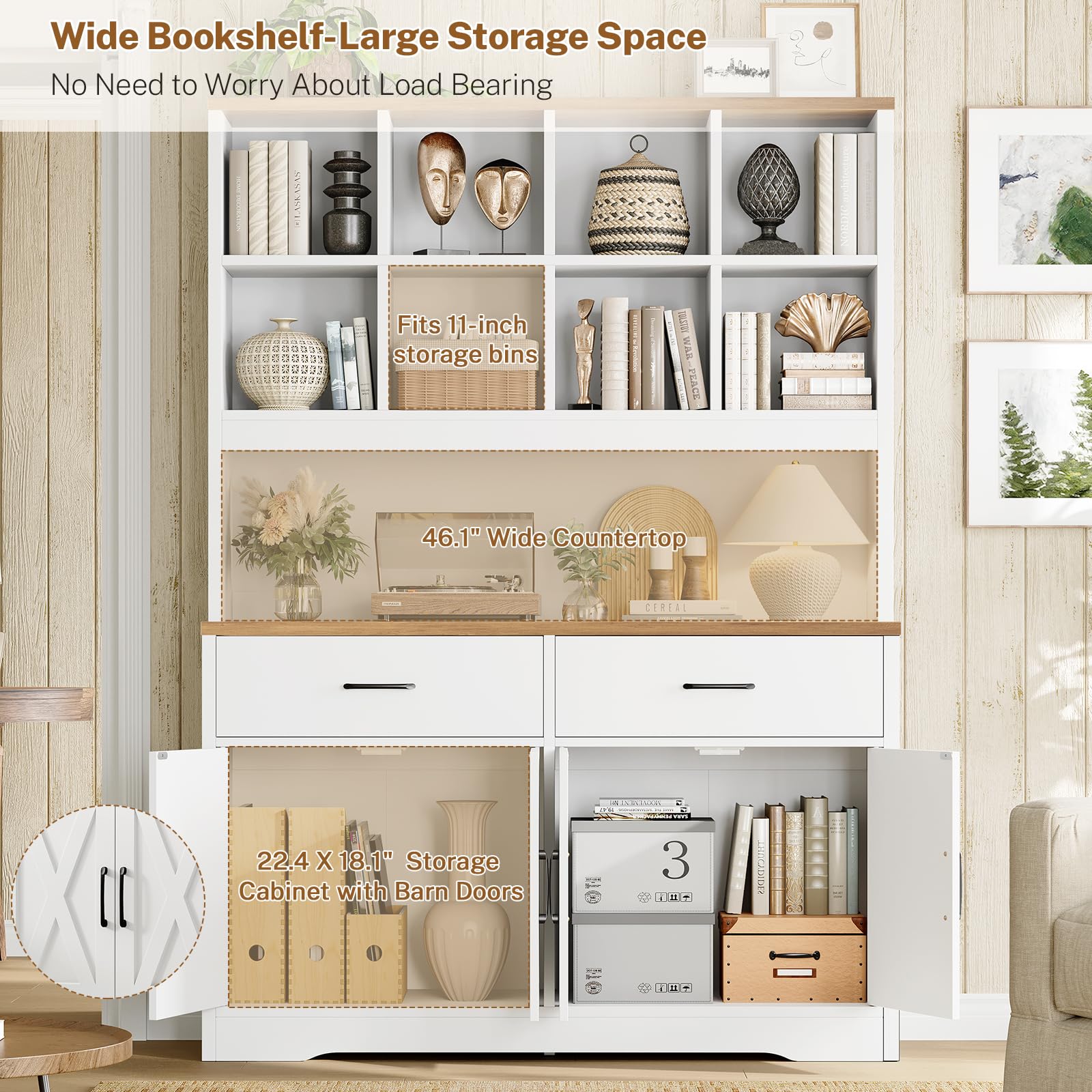 69" Bookshelf with Drawers, Cabinet & Open Shelves