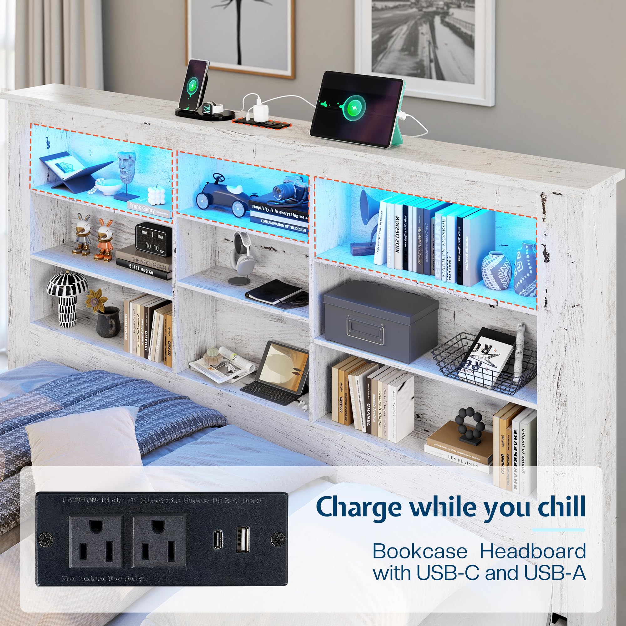 Twin Storage Daybed with Bookcase Headboard, USB Charging & RGB LED Lights