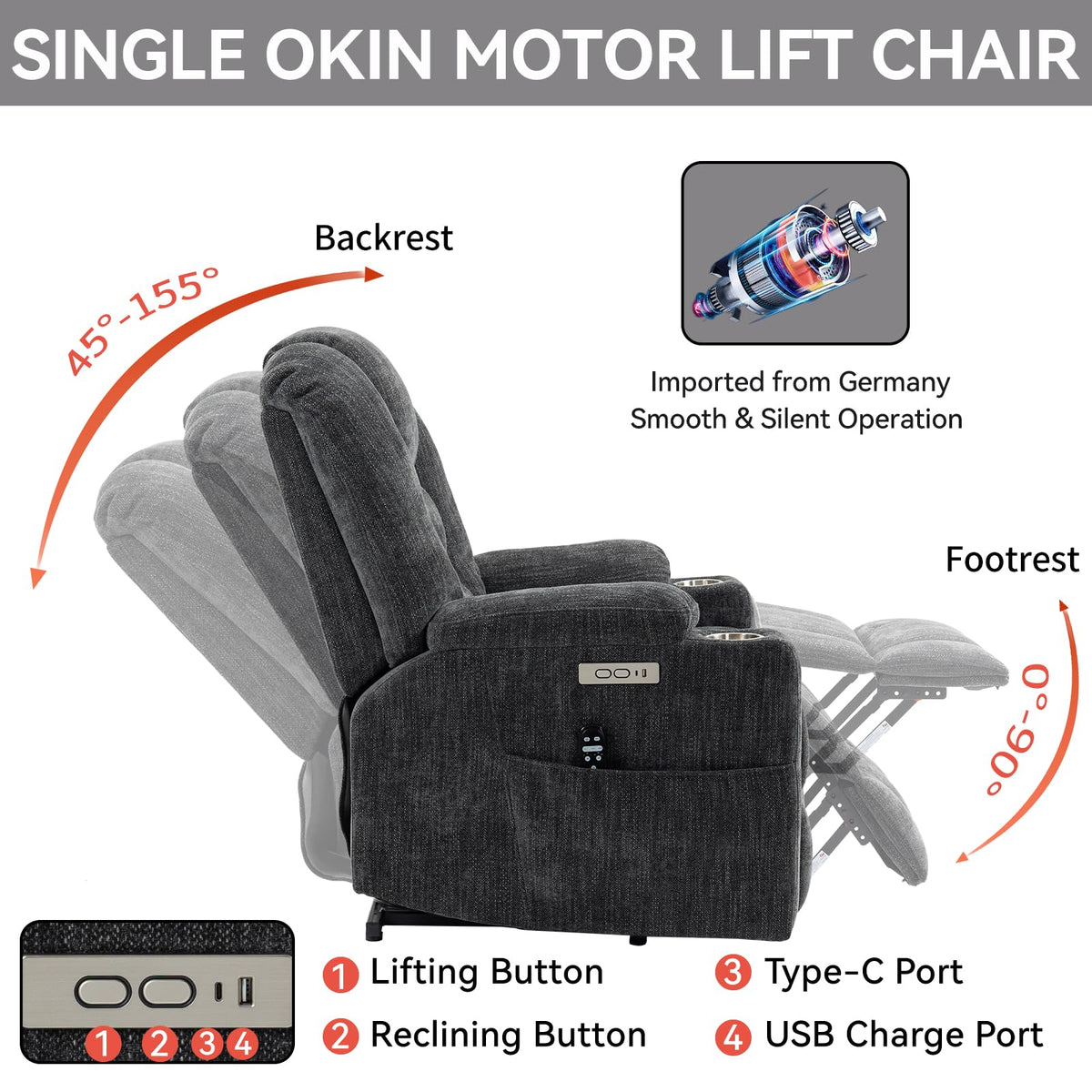 Power Lift Recliner Chair for Elderly with Massage & Heat, Chenille, Grey