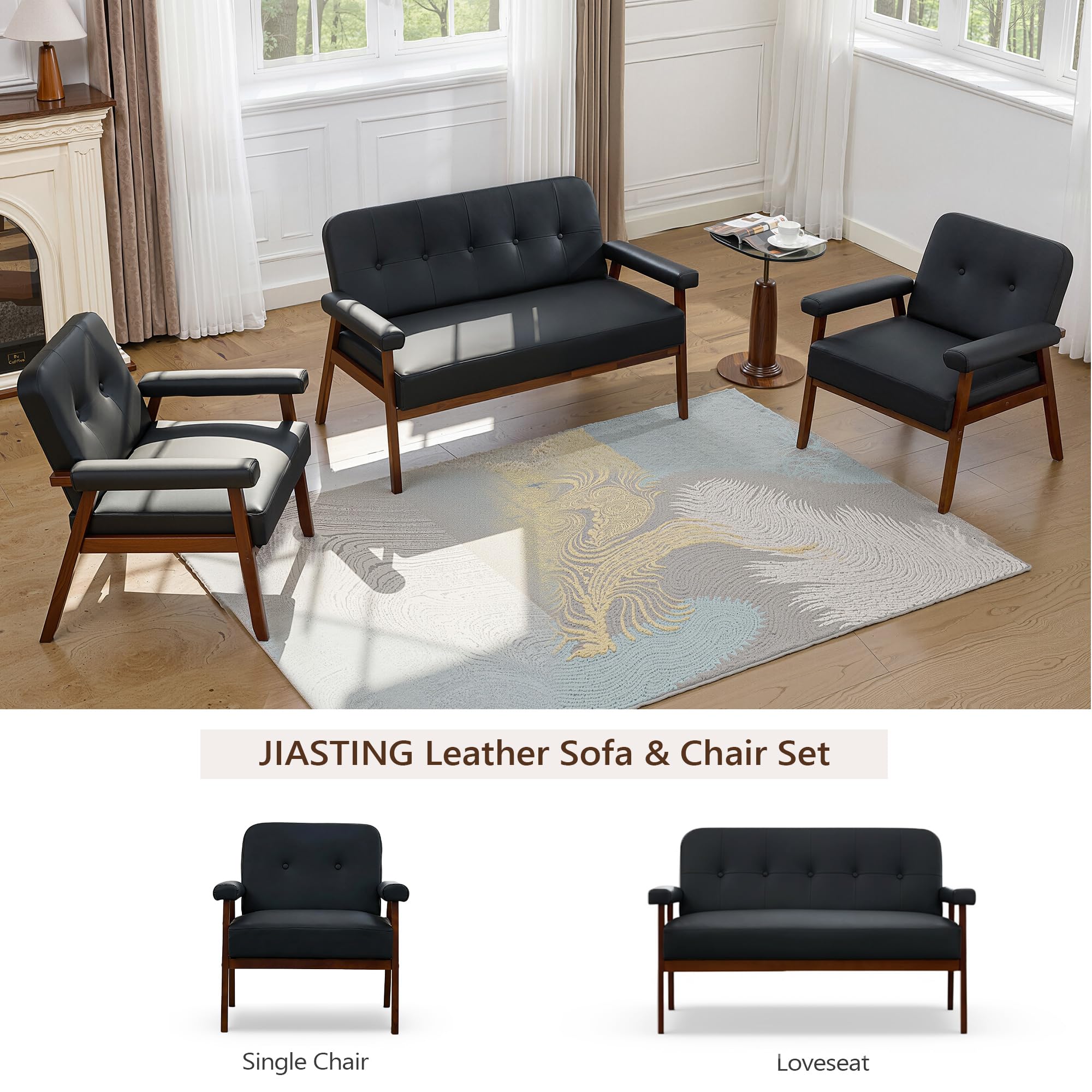 JIASTING Accent Chairs Set of 2, Black Leather Chairs with Solid Wood Frame, Tufted Small Mid-Century Modern Wooden Arm Chair, Comfy Office Reading Armchair for Living Room, Bedroom (2)