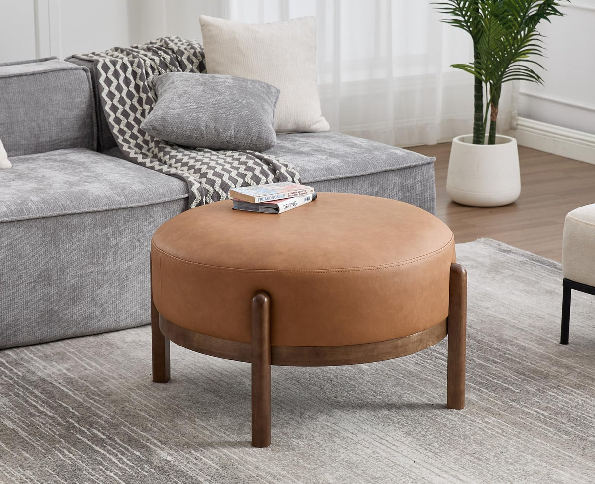 EALSON 29" Round Ottoman Modern Leather Upholstered Footstool Mid Century Large Footrest with Wooden Legs Soft Circle Ottoman Coffee Table for Bedroom/Entryway/Living Room/Dorm/Office, Brown