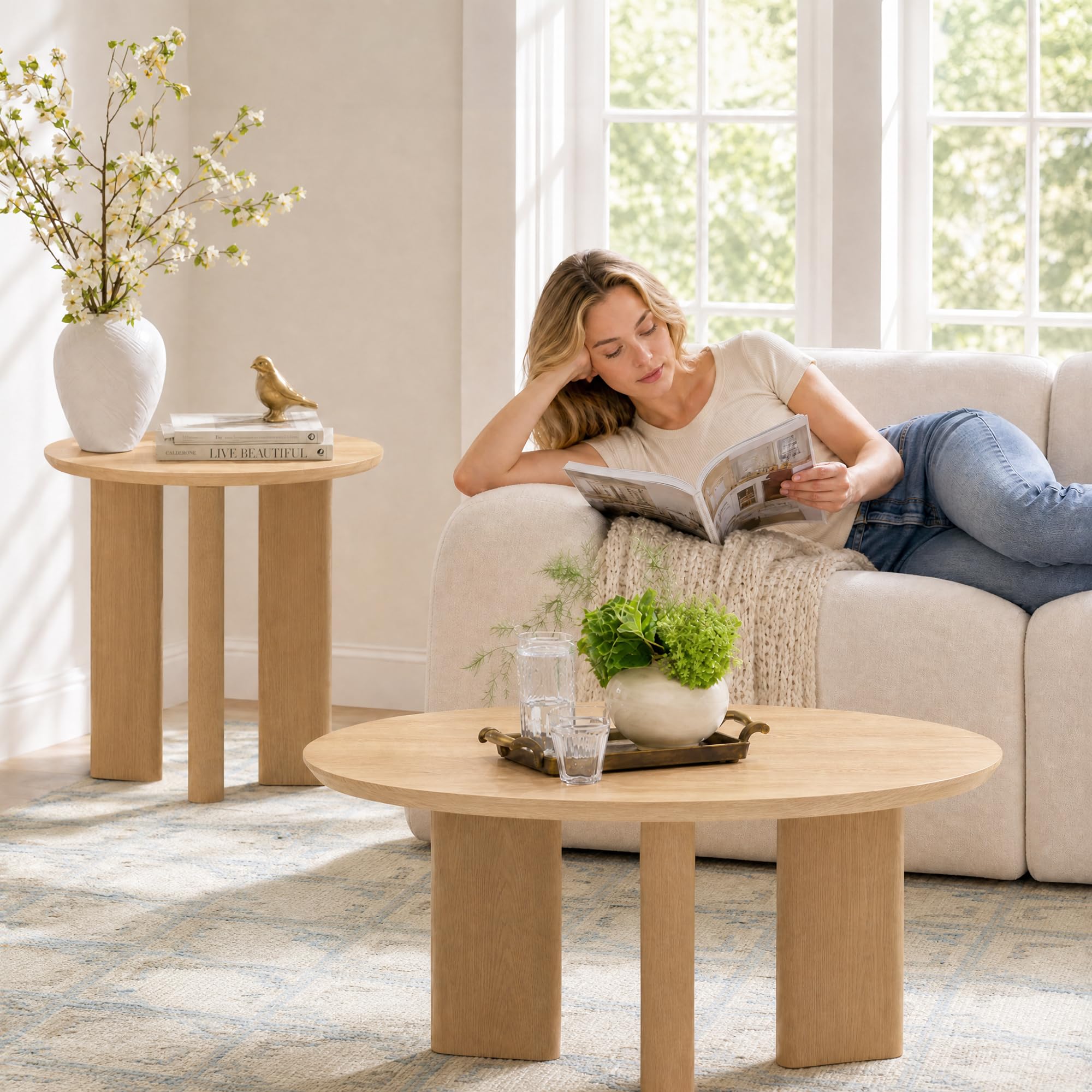 Yechen Nesting Coffee Table Set of 2, Round Wooden Veneer Coffee Table and Side Table Set, Circle Modern Center Tables with Smooth Thick Design for Living Room, Office, or Apartment