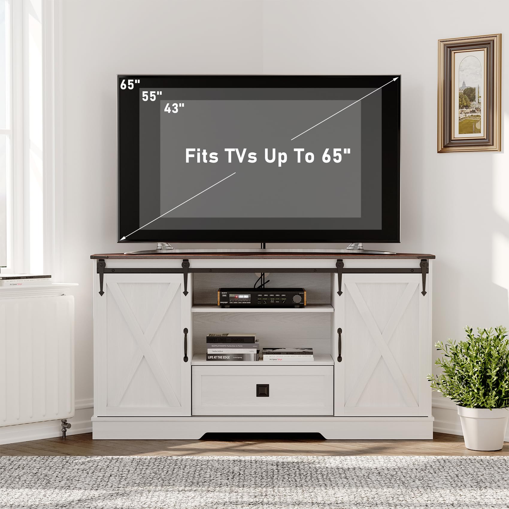 Melidee Corner TV Stand for 65 Inch TV - with Sliding Barn Door - Wood Entertainment Center - Media Console Cabinet - 58"x15.7"x31"H, White