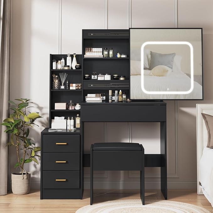 LED Sliding Mirror Vanity with Stool