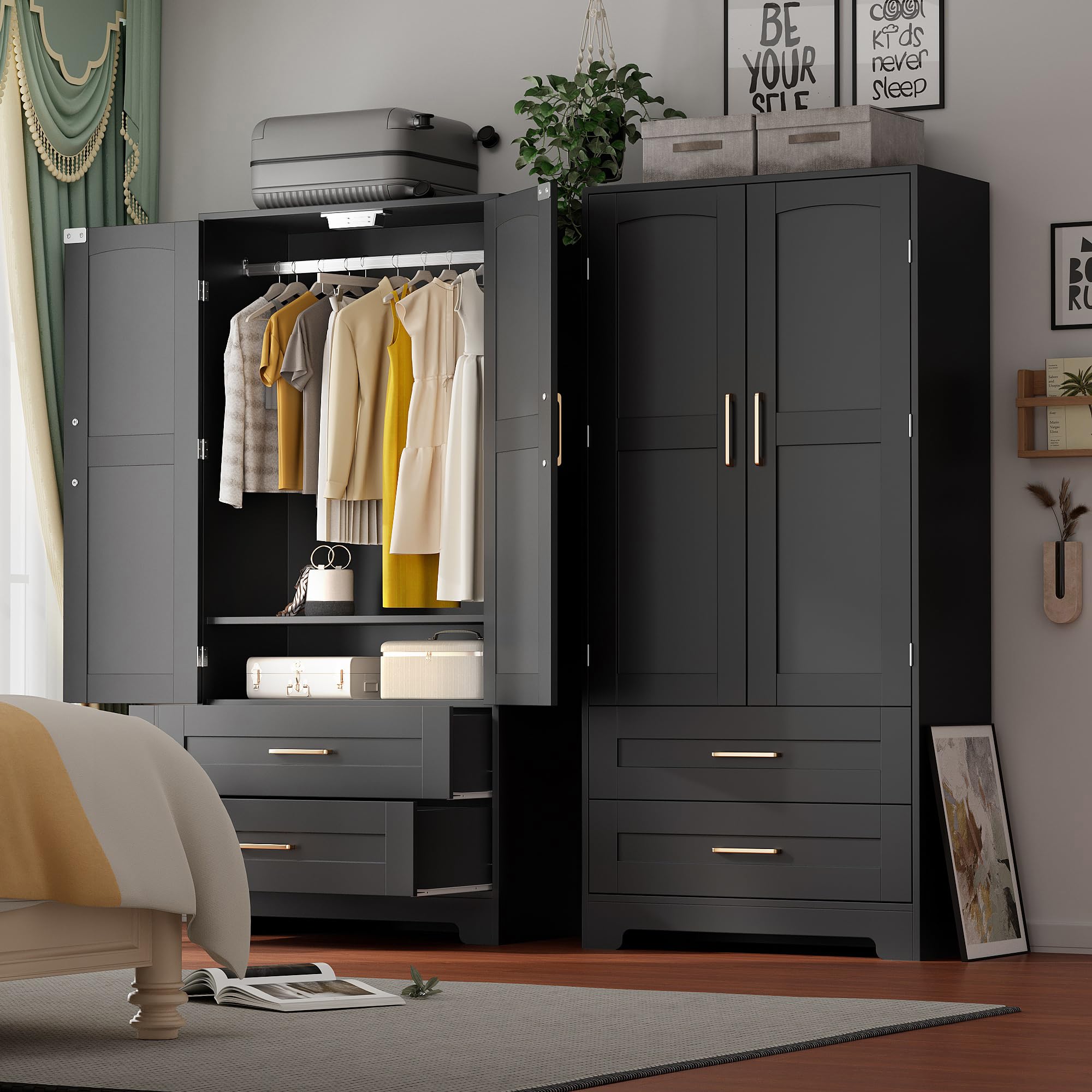 Wooden Armoire Wardrobe Closet with 2 Drawers, Hanging Rod & Shelves