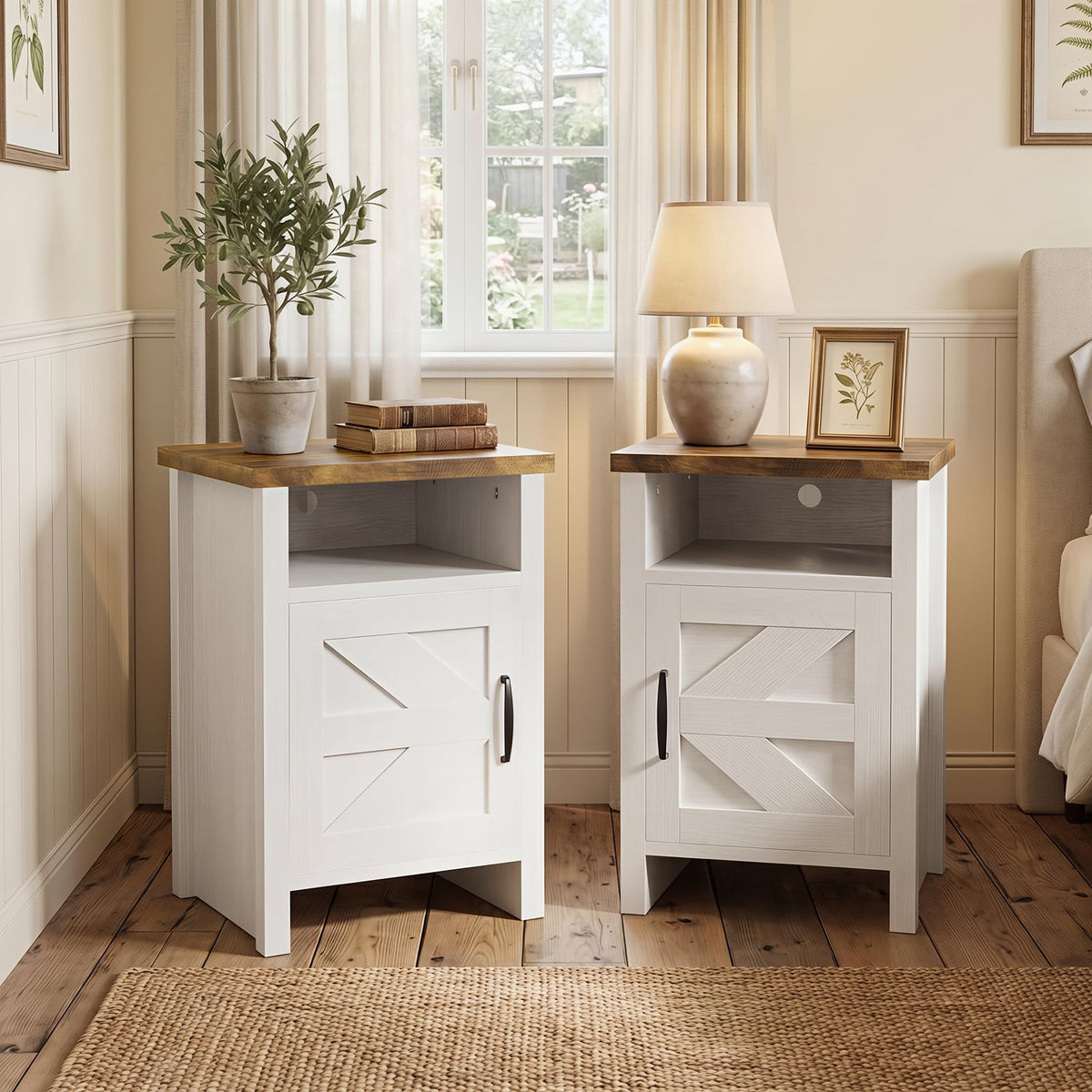 YESHOMY Farmhouse Nightstand Set of 2, Rustic End Table, White