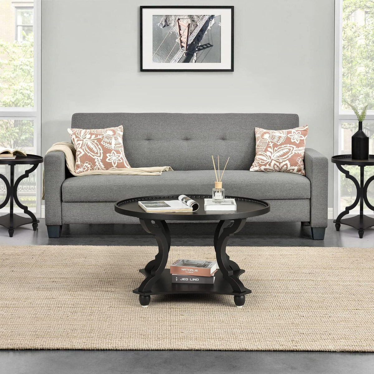 Wnutrees Farmhouse Round Coffee Table, Wood Tray Top with Storage Shelf