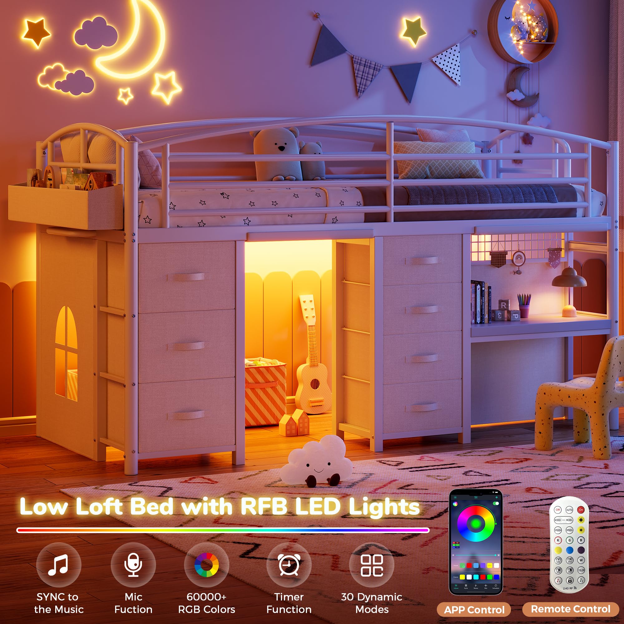 Kids Twin Low Loft Bed with Storage Drawers, Desk & LED Lights