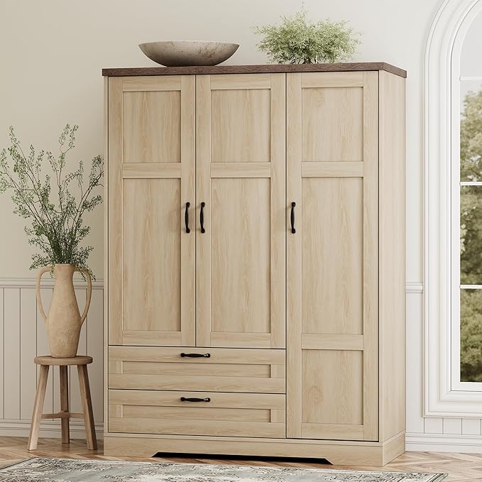 3-Door Wardrobe Closet with Mirror & Drawers
