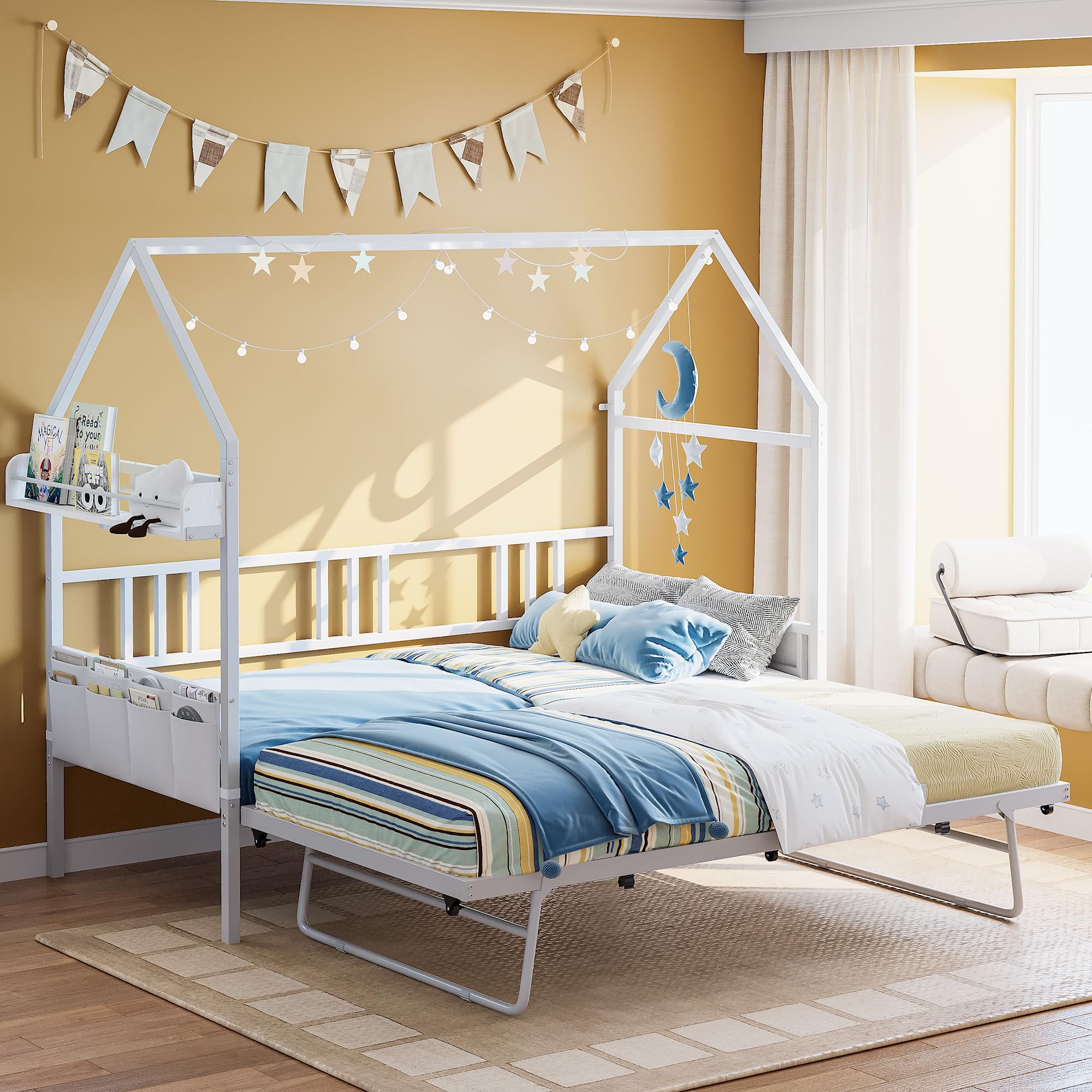 LIKIMIO Daybed with Trundle, House Bunk Twin Bed Frame with Storage,Day Sofa Bed for Living Room, Bedroom and Guest Room,White