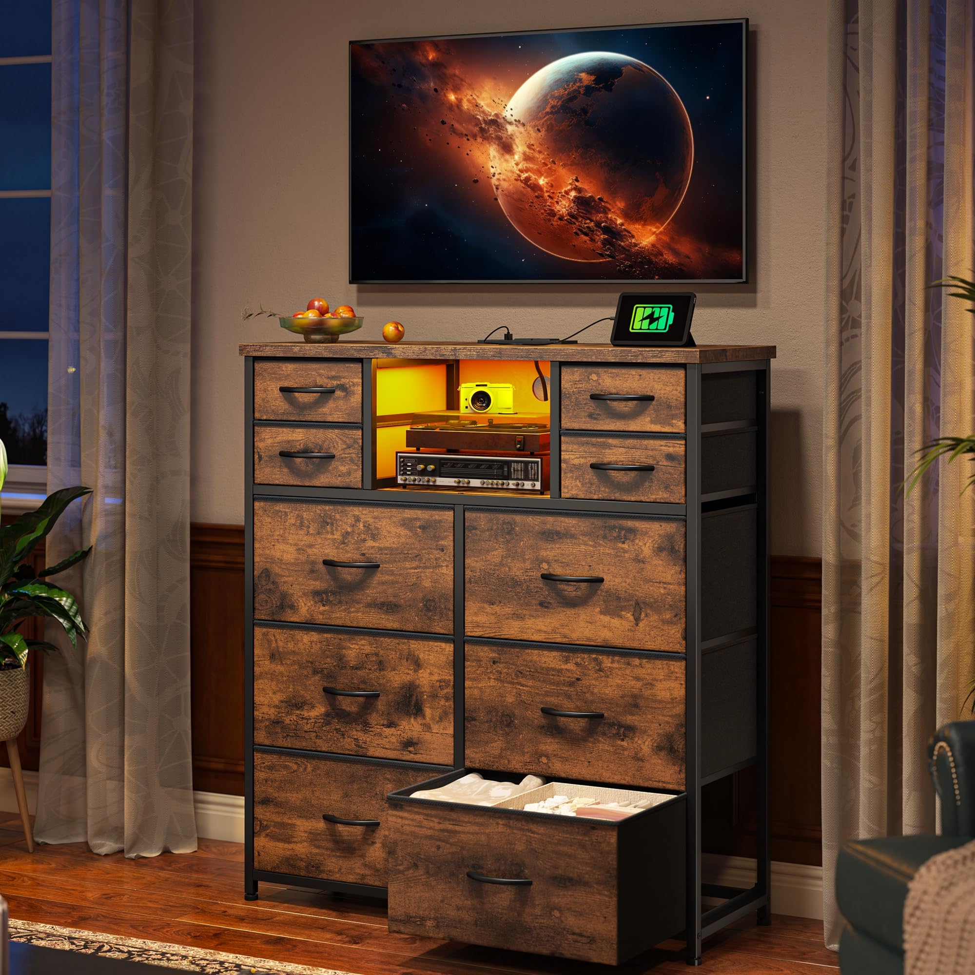 Romorgniz Dresser for Bedroom with 10 Drawers Featuring LED Light and Power Outlet, Fabric Dressers & Chest of Drawers with Open Shelves for Hallway, Living Room, Steel Frame,Wood Top, Rustic Brown