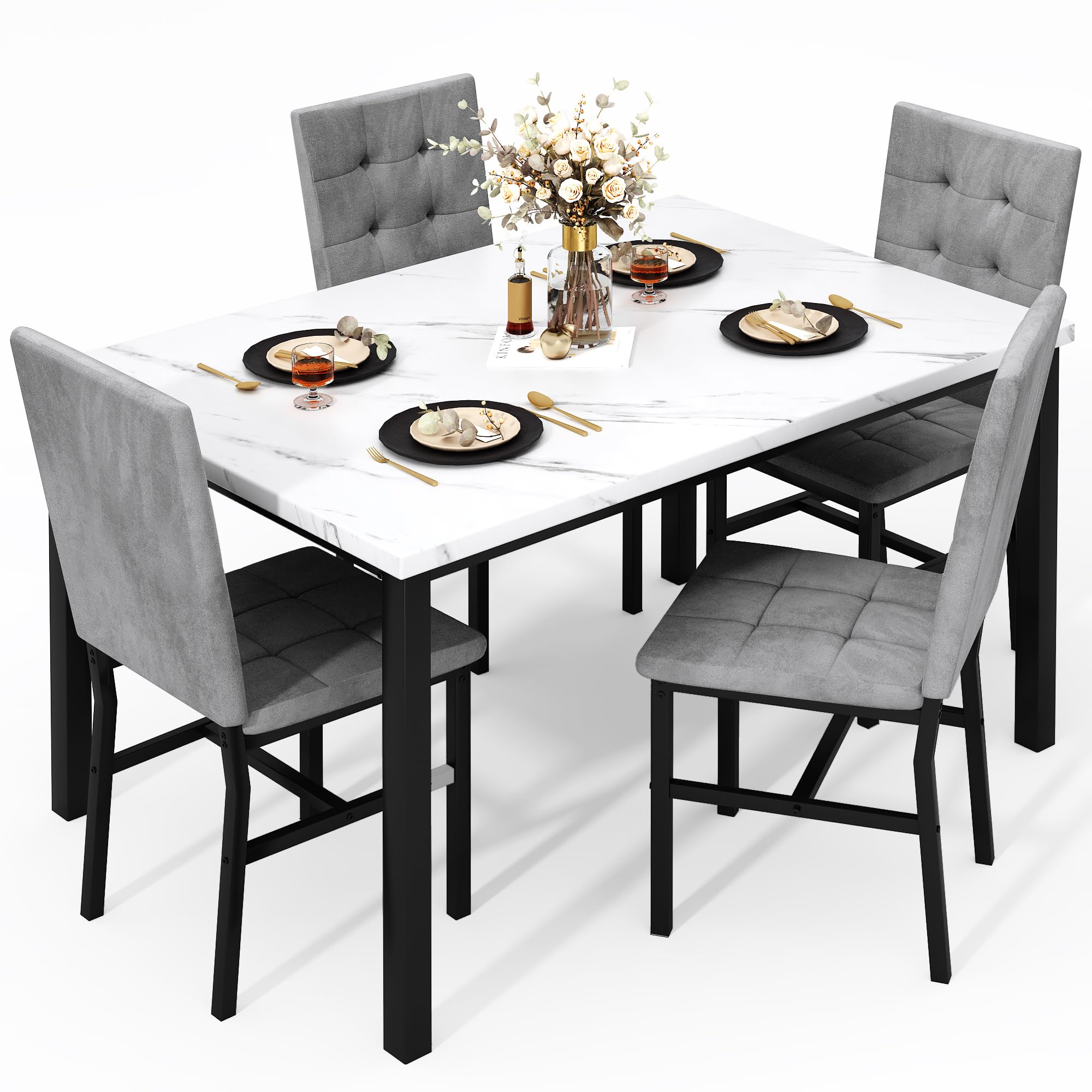 4-Piece Faux Marble Dining Table Set with Velvet Chairs