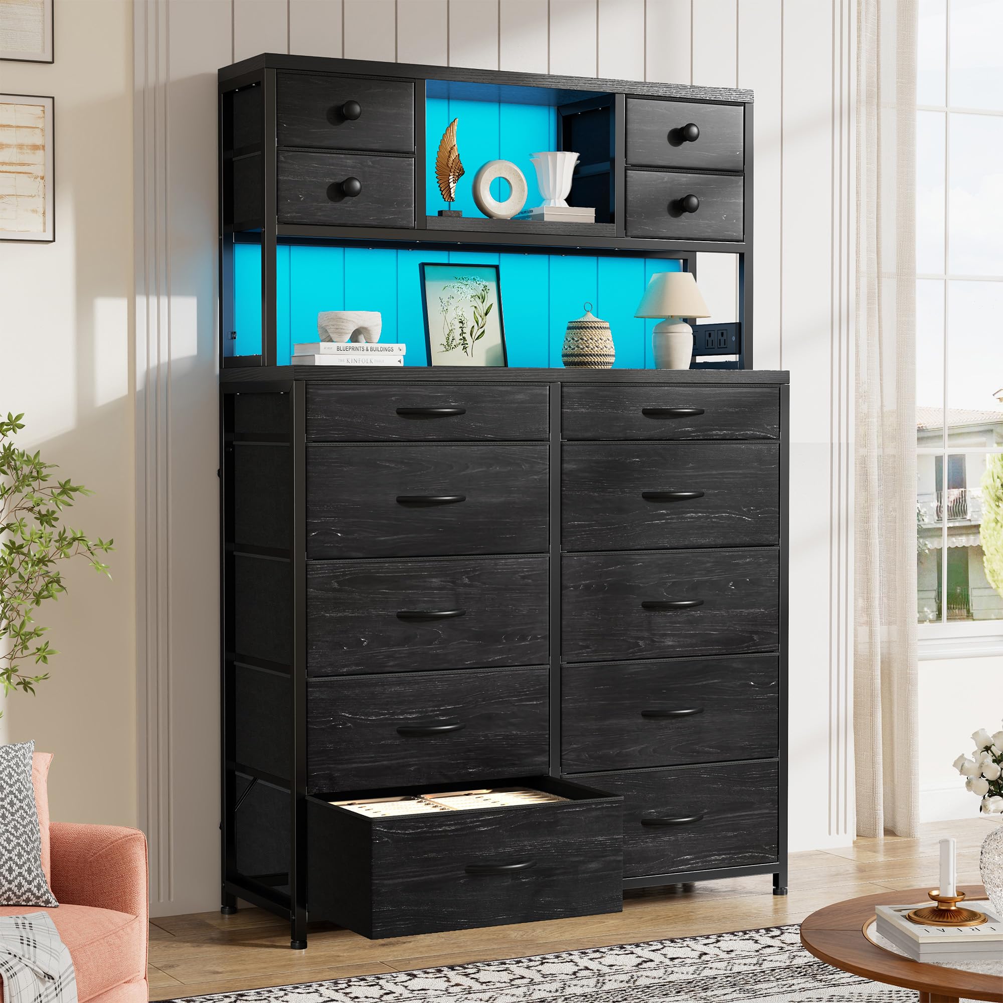 EnHomee Black Dresser with Multiple Fabric Drawers, Dresser for Bedroom with Charging Station and LED Lights,Dressers & Chests of Drawers for Bedroom, Steel Frame & Wooden Top, Entryway