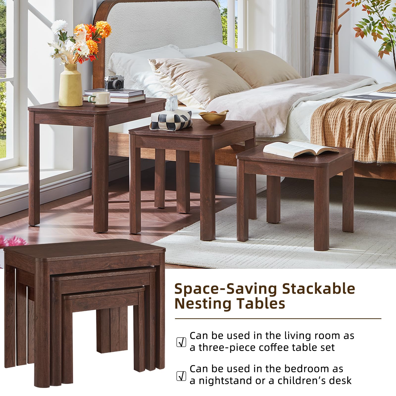 Farmhouse Nesting Coffee Tables Set of 3 – Solid Wood, Rounded Corners