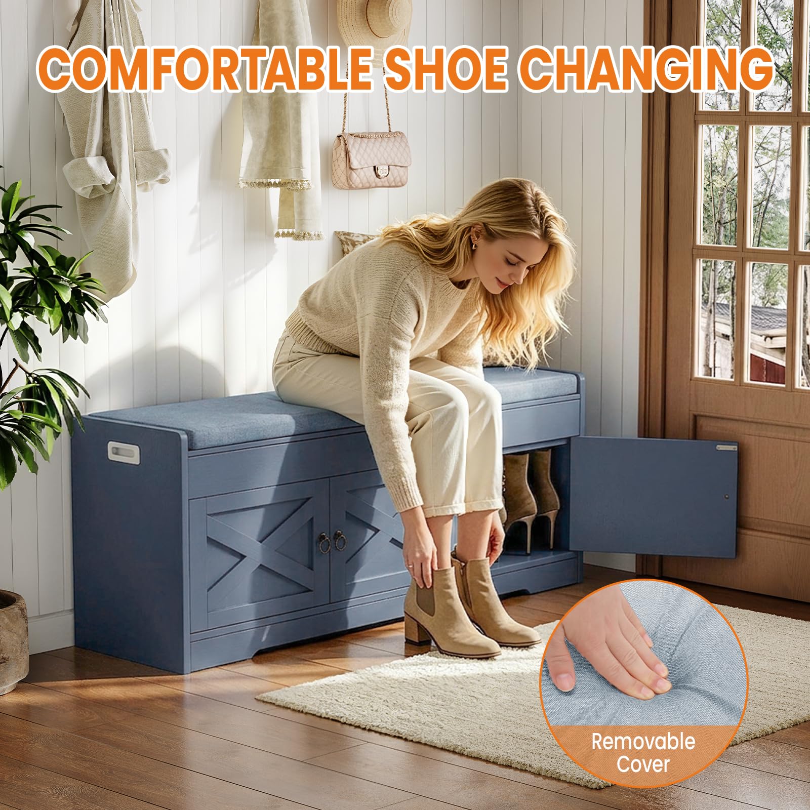 Farmhouse Shoe Storage Bench with Cushion Seat